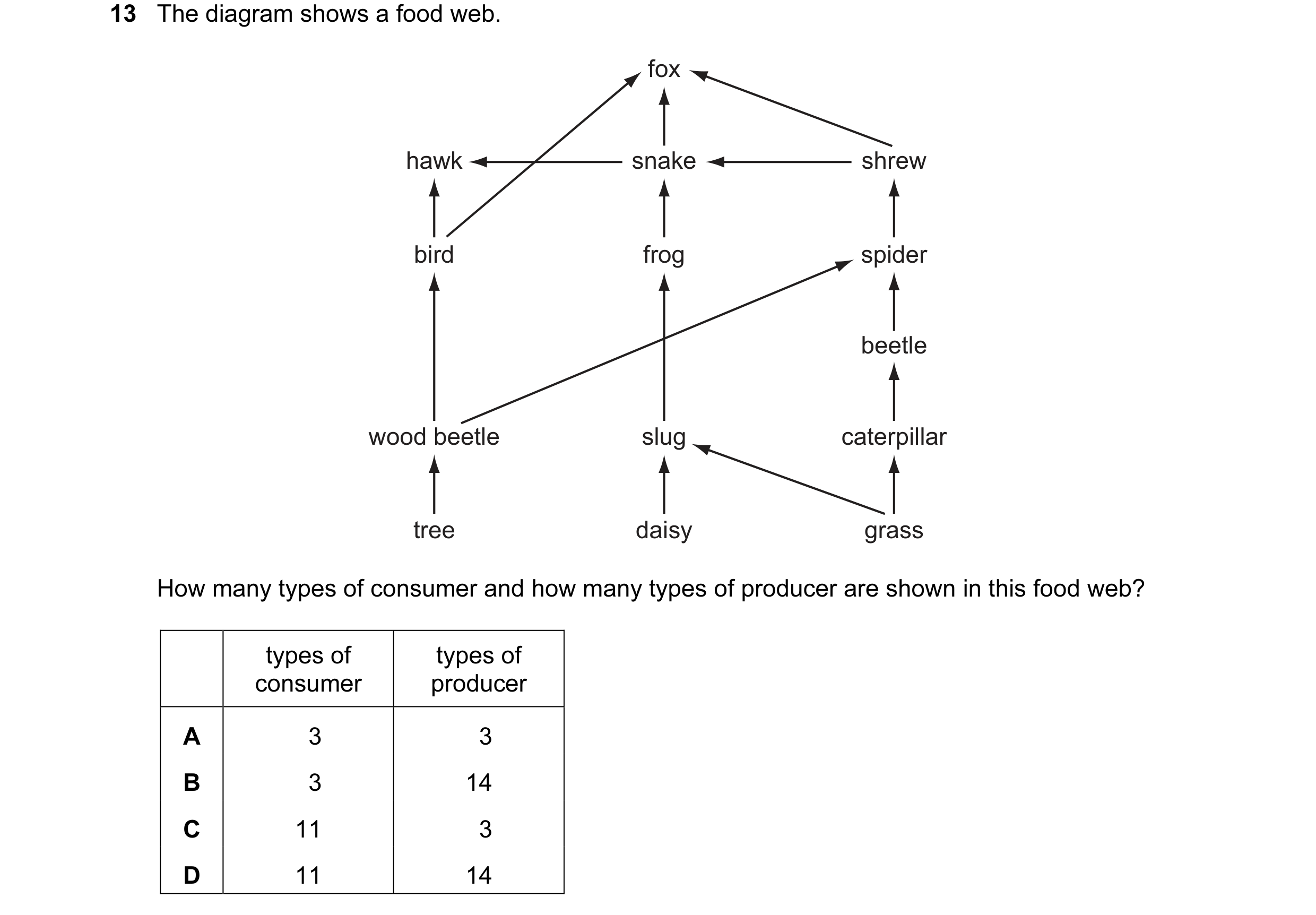 Question 11: The diagram shows a food web. fox hawk snake shrew bird frog spider beetle wood beetle slug caterpillar tree daisy grass How many types of …