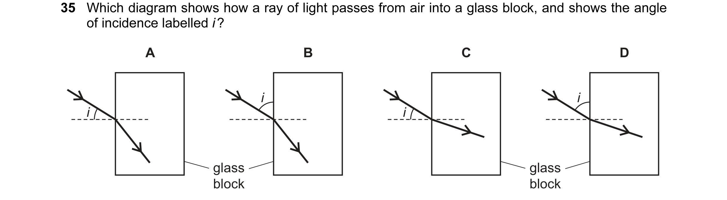 Question 34: Which diagram shows how a ray of light passes from air into a glass block, and shows the angle of incidence labelled i ? A B C D i i i i gl…