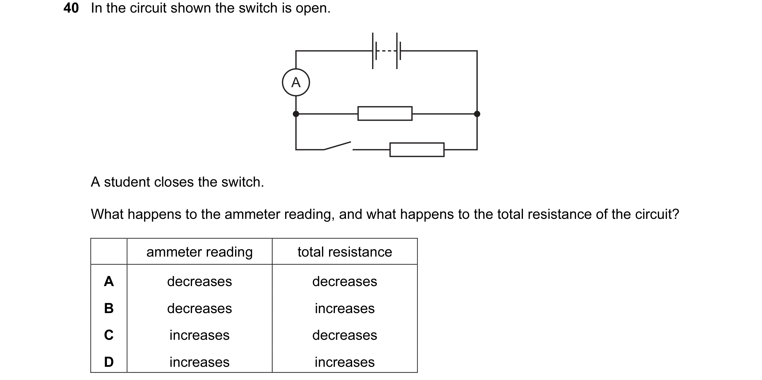 Question 60: In the circuit shown the switch is open. A A student closes the switch. What happens to the ammeter reading, and what happens to the total …