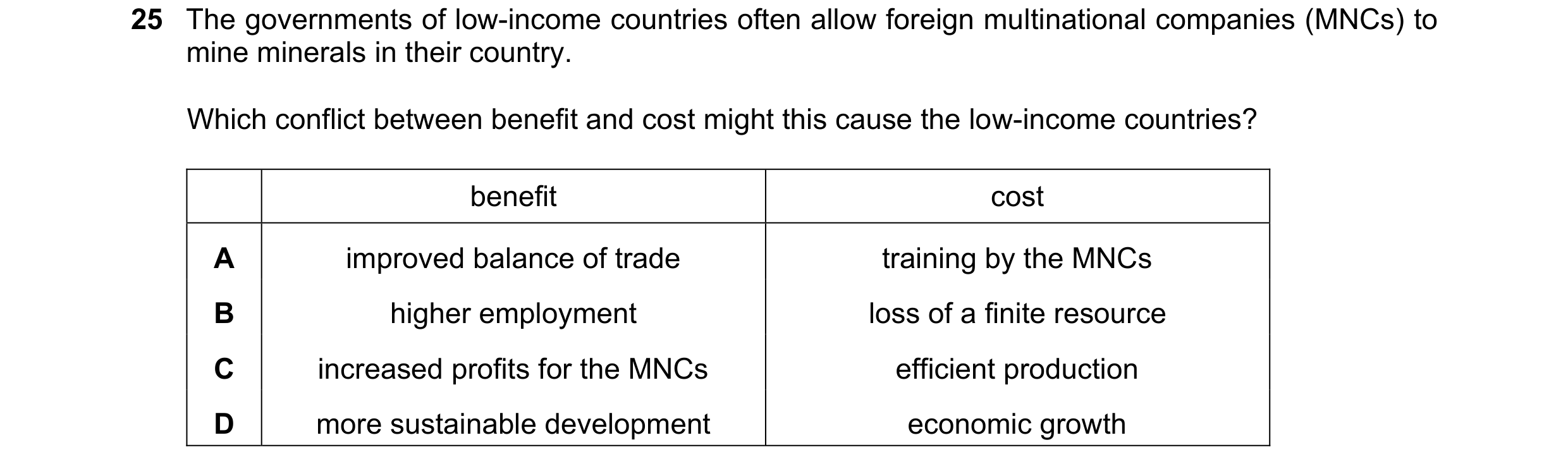 Question 7: The governments of low-income countries often allow foreign multinational companies (MNCs) to mine minerals in their country. Which conflic…