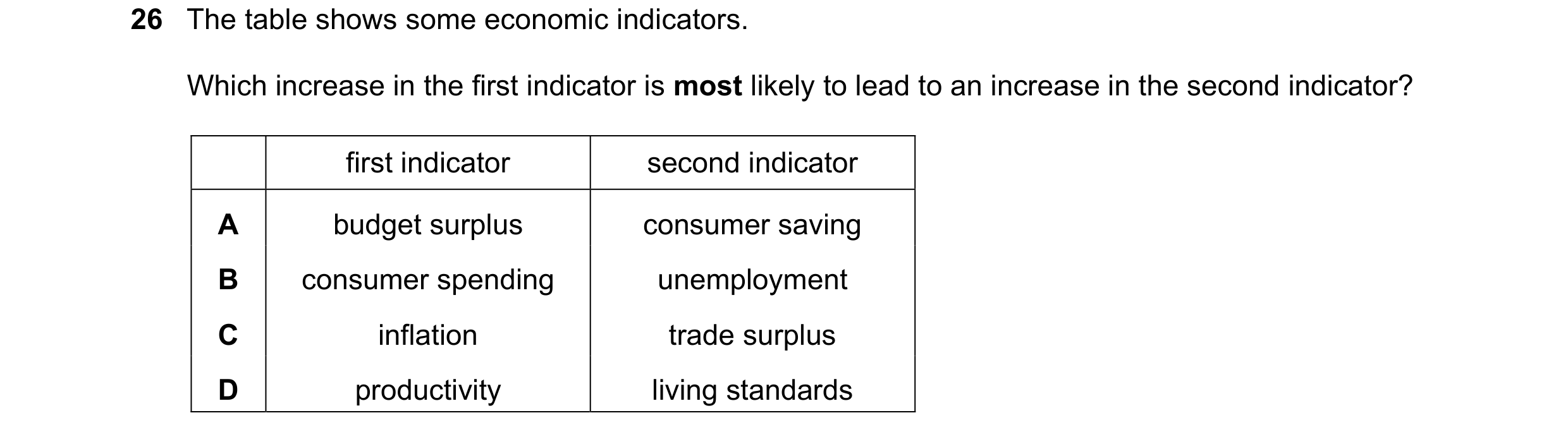 Question 11: The table shows some economic indicators. Which increase in the first indicator is most likely to lead to an increase in the second indicat…