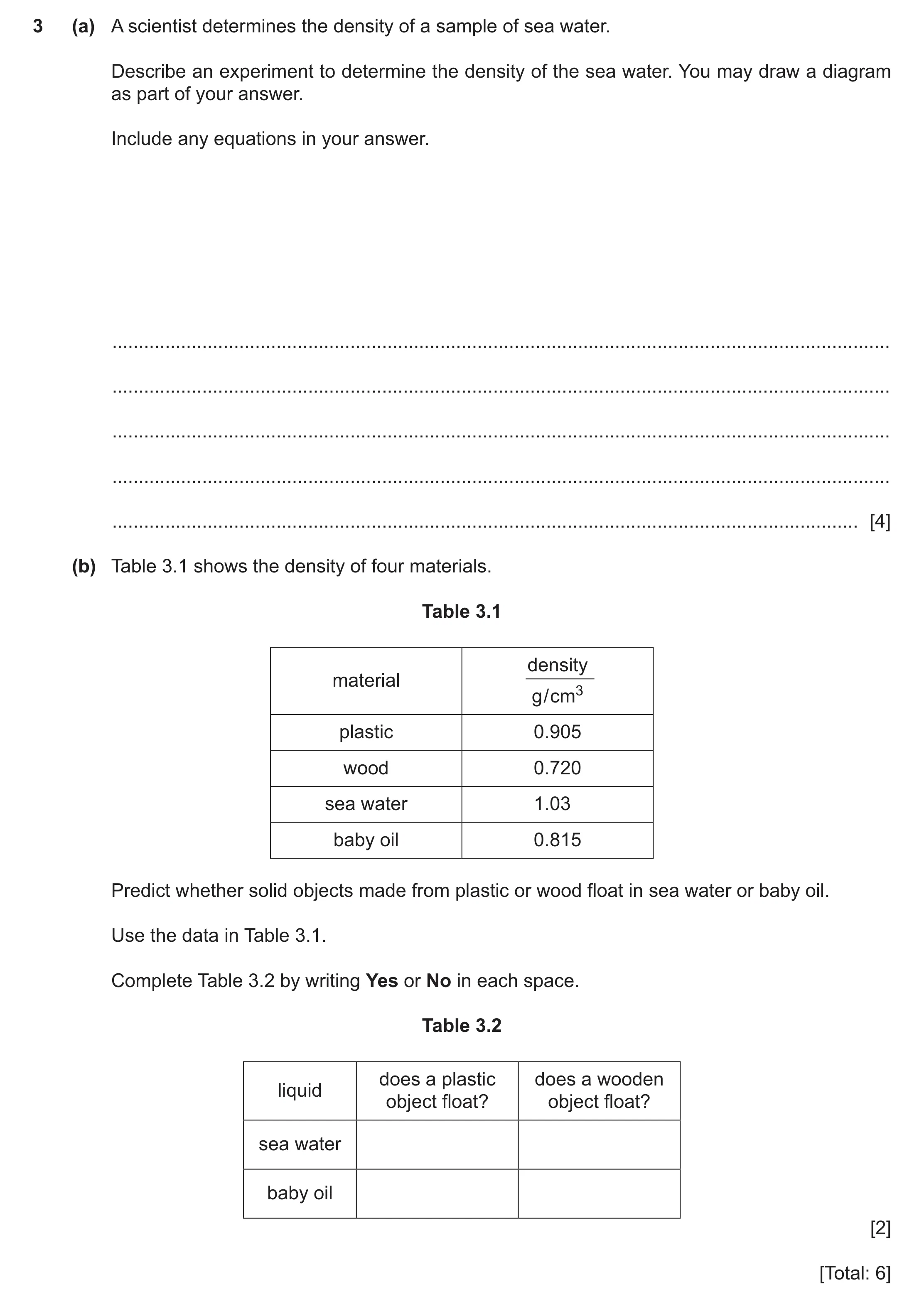 Question 37: (a) A scientist determines the density of a sample of sea water. Describe an experiment to determine the density of the sea water. You may …