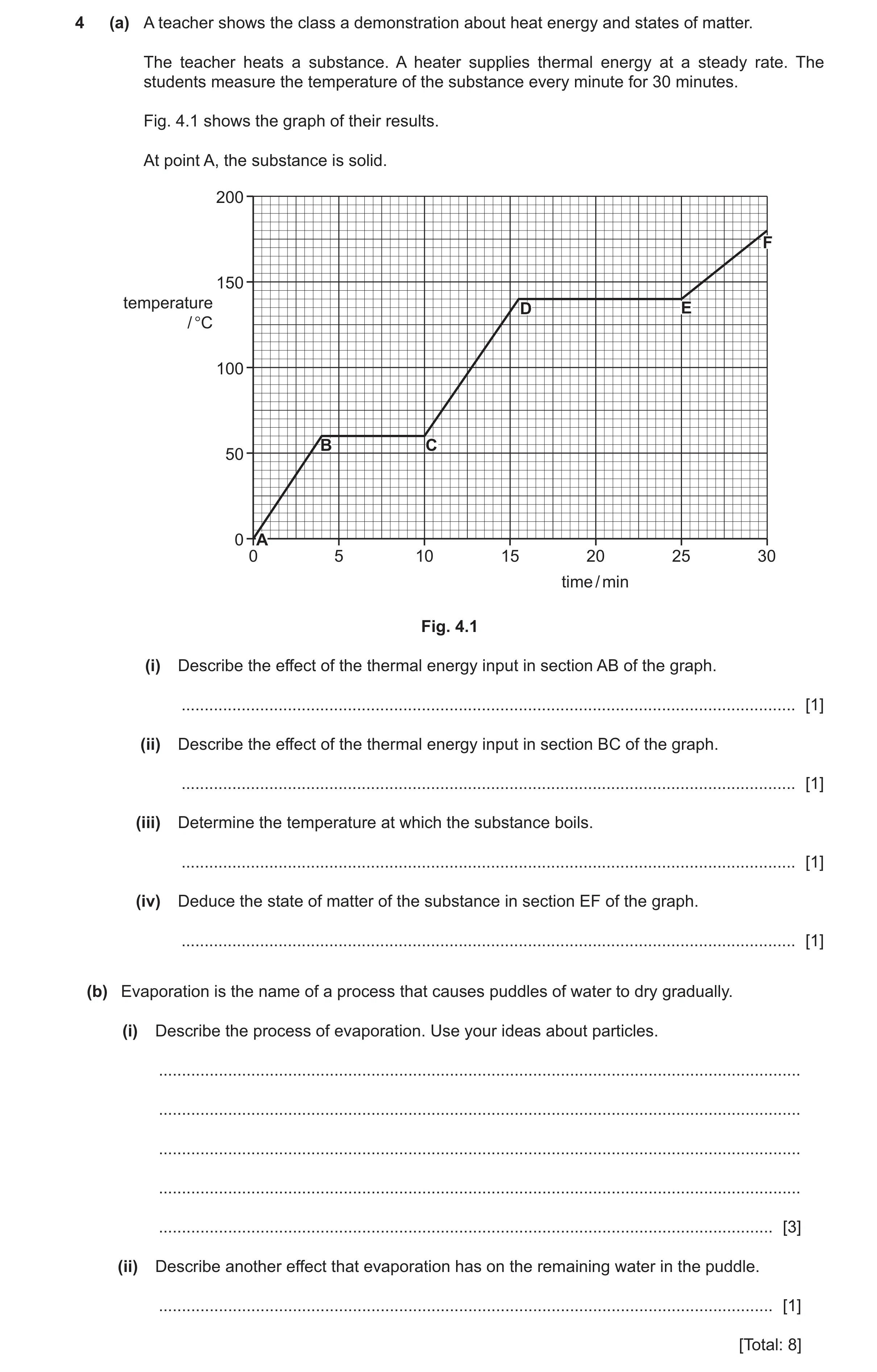Question 29: (a) A teacher shows the class a demonstration about heat energy and states of matter. The teacher heats a substance. A heater supplies ther…