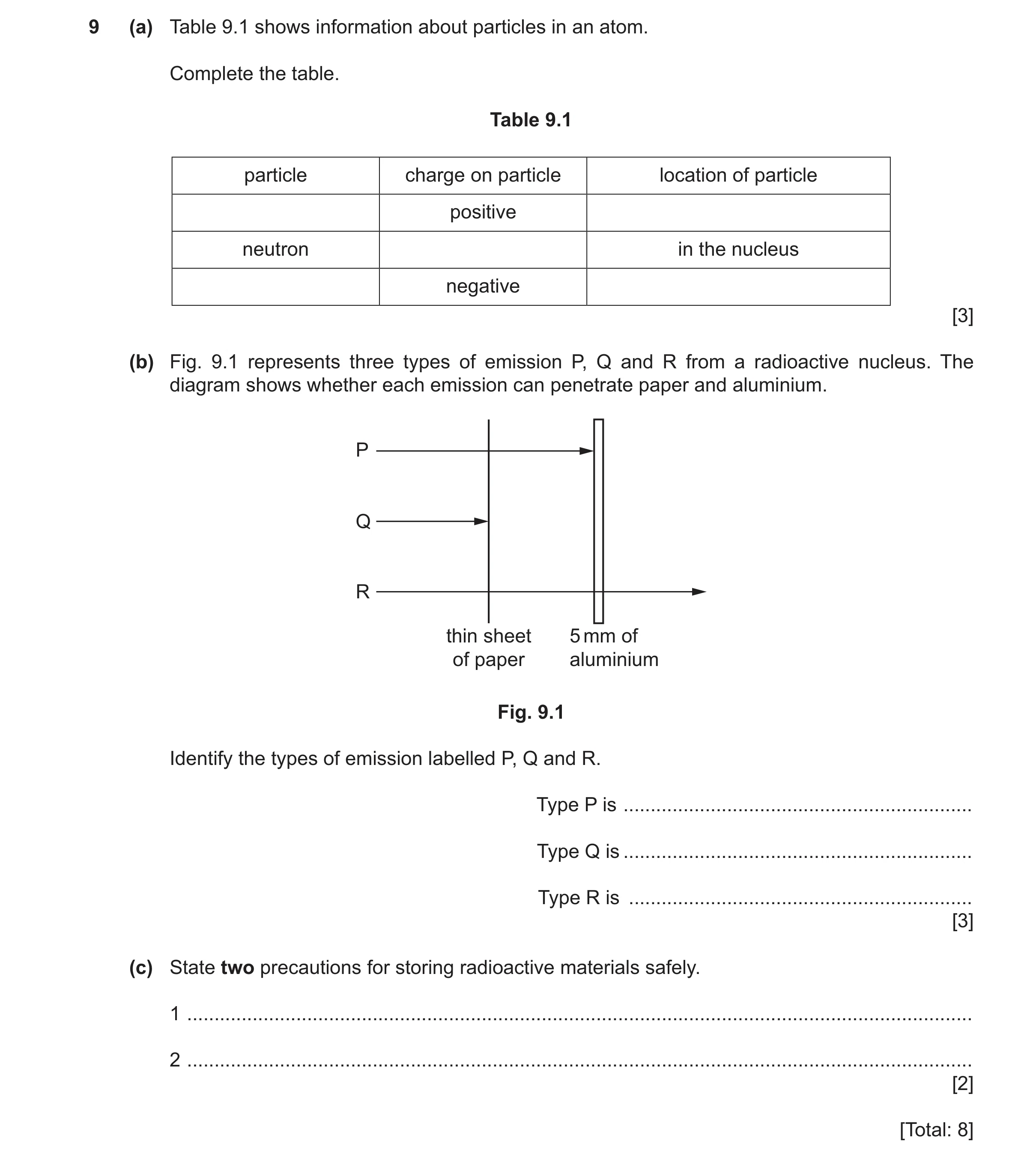 Question 73: (a) Table 9.1 shows information about particles in an atom. Complete the table. Table 9.1 particle charge on particle location of particle …