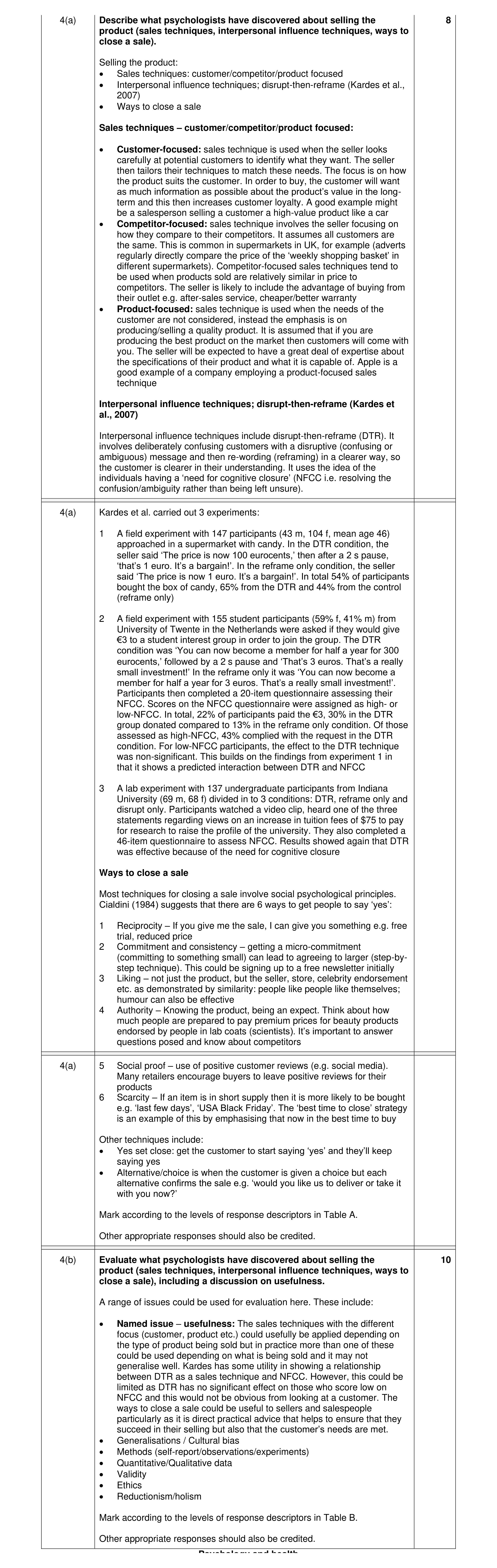 Mark scheme for question 9