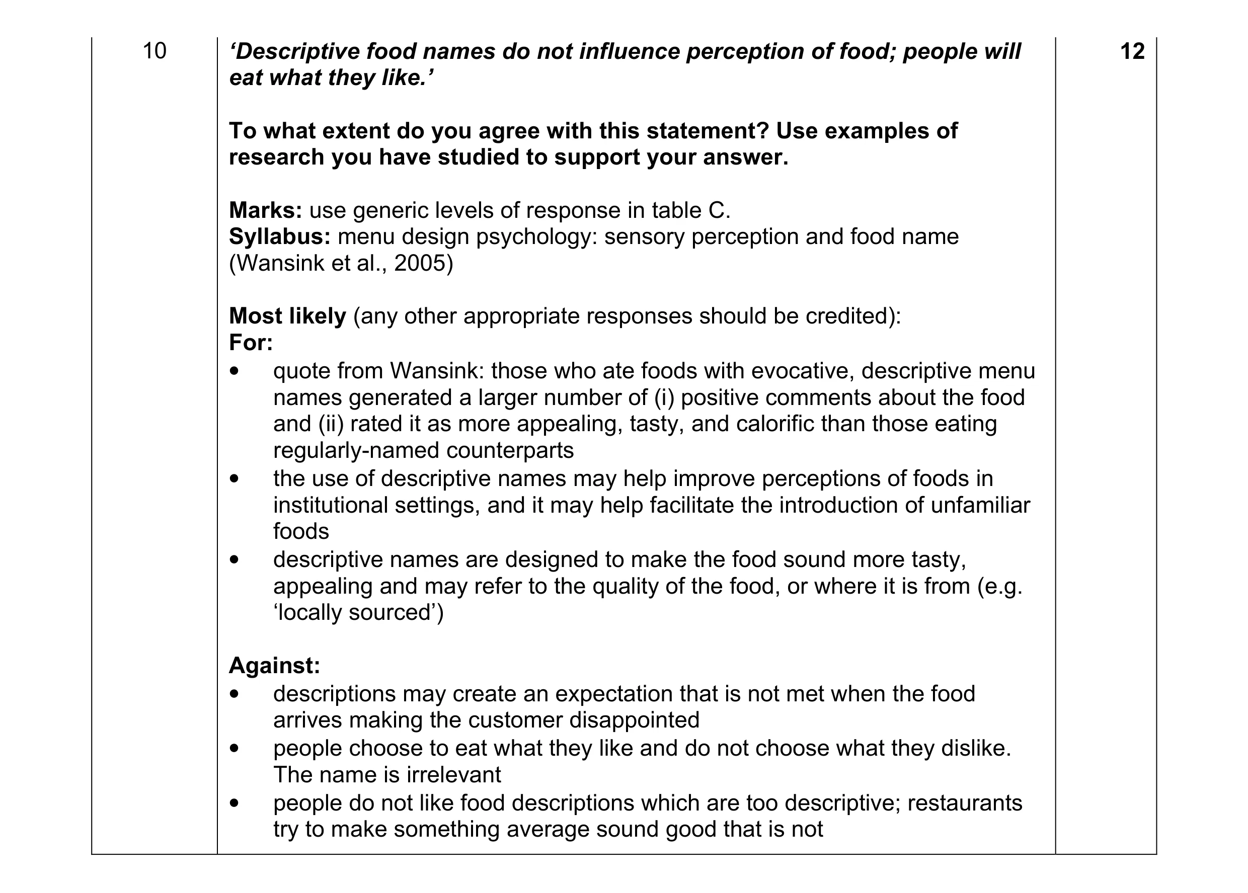Mark scheme for question 8
