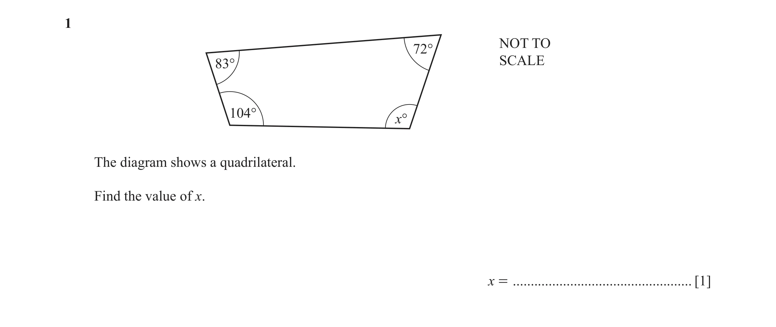 Question 29: NOT TO 72° 83° SCALE 104° x° The diagram shows a quadrilateral. Find the value of x. x = ..................................................…
