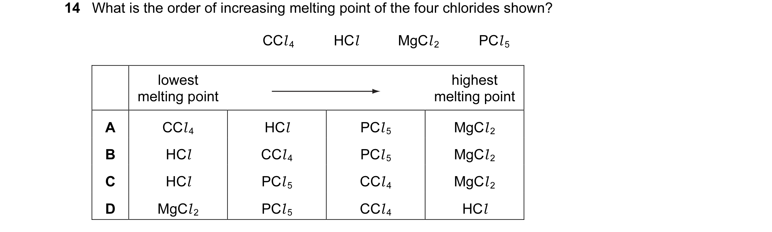 Question 30: What is the order of increasing melting point of the four chlorides shown? CCl 4          HCl          MgCl 2          PCl 5 lowest highest…
