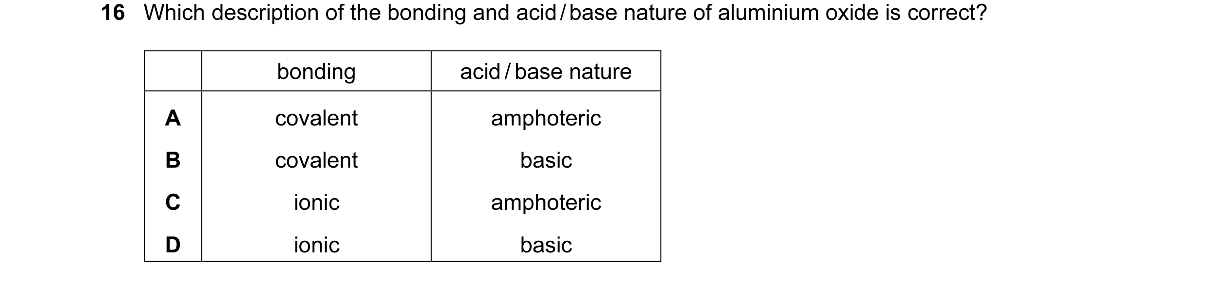 Question 43: Which description of the bonding and acid / base nature of aluminium oxide is correct? bonding acid / base nature A covalent amphoteric B c…