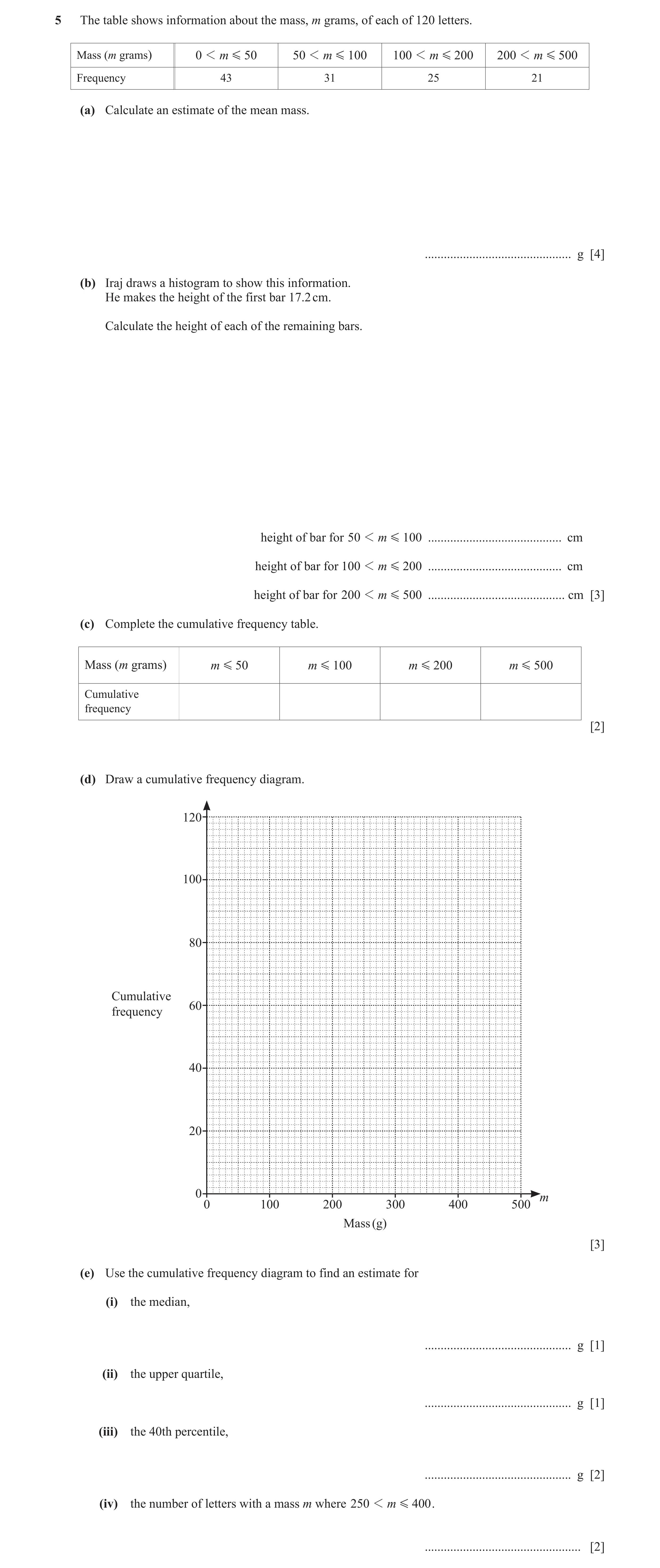 Question 13: The table shows information about the mass, m grams, of each of 120 letters. Mass (m grams) 0 1 m G 50 50 1 m G 100 100 1 m G 200 200 1 m G…