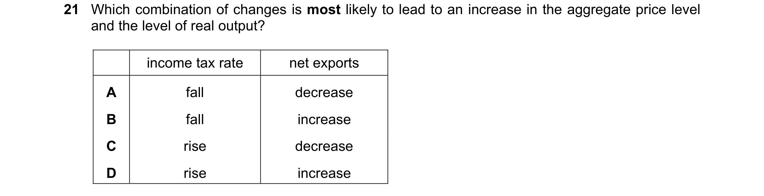 Question 79: Which combination of changes is most likely to lead to an increase in the aggregate price level and the level of real output? income tax ra…