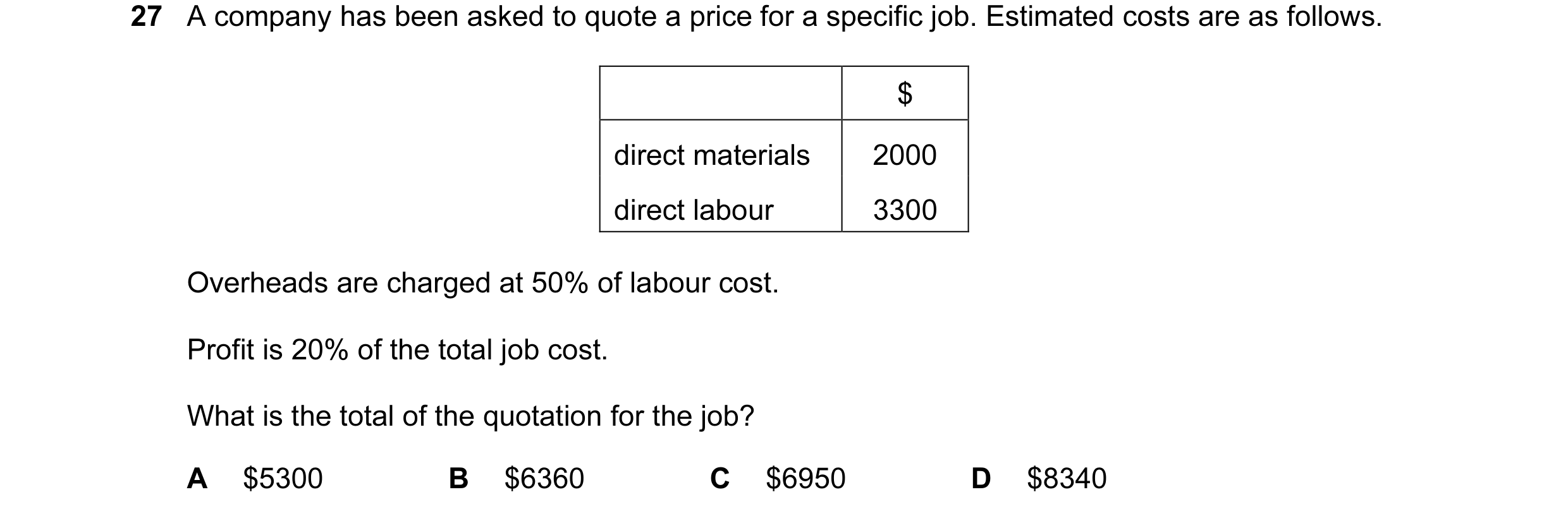 Question 188: A company has been asked to quote a price for a specific job. Estimated costs are as follows. $ direct materials 2000 direct labour 3300 Ov…