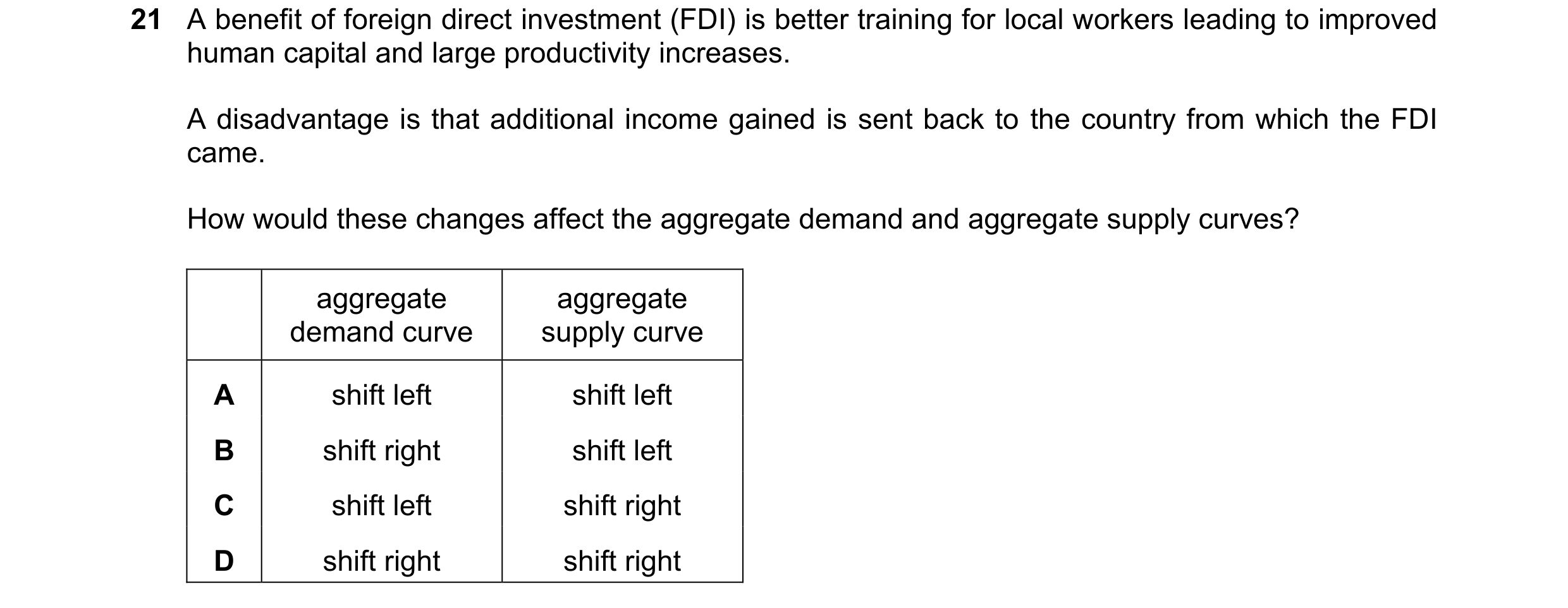 Question 12: A benefit of foreign direct investment (FDI) is better training for local workers leading to improved human capital and large productivity …