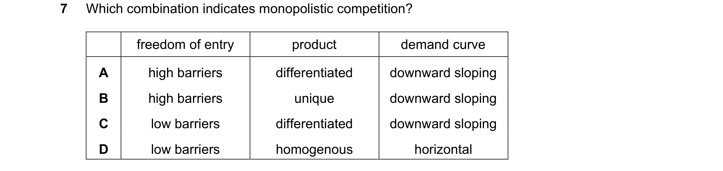 Question 157: Which combination indicates monopolistic competition? freedom of entry product demand curve A high barriers differentiated downward sloping…