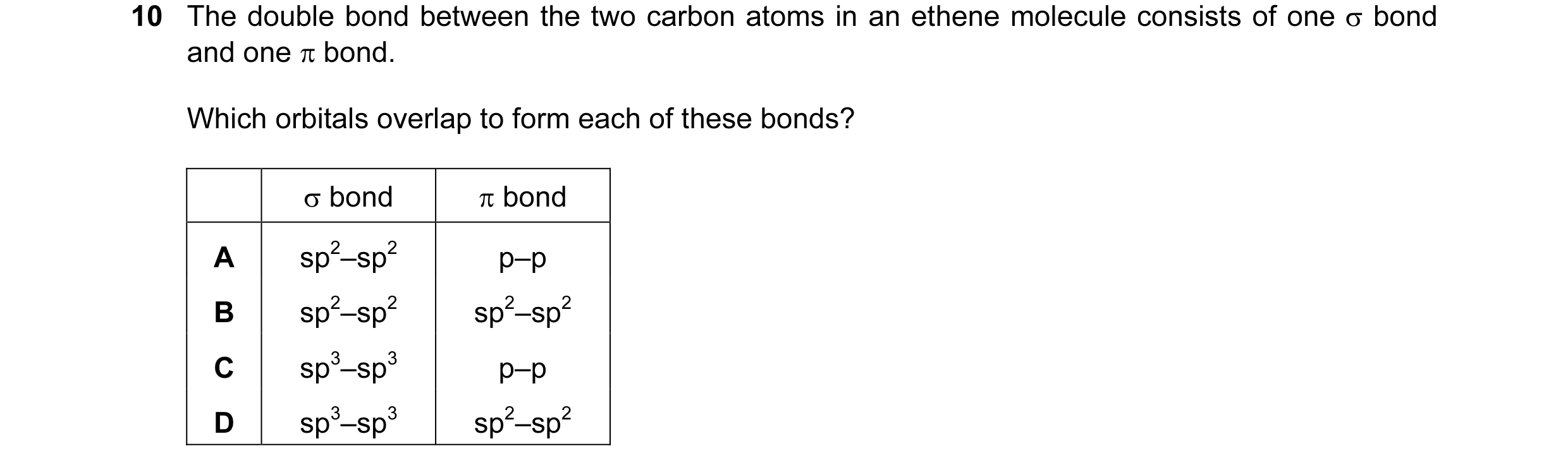 Question 24: The double bond between the two carbon atoms in an ethene molecule consists of one σ bond and one π bond. Which orbitals overlap to form ea…