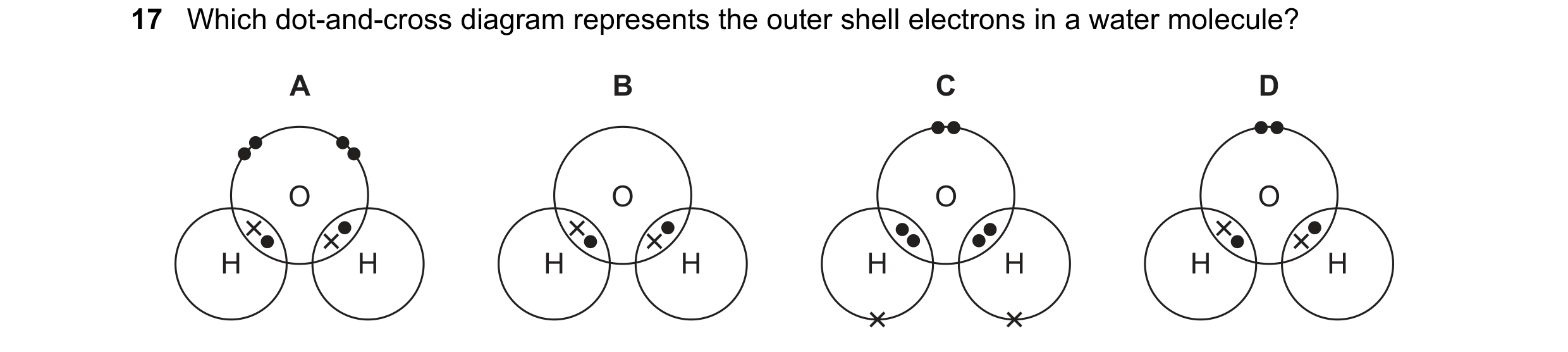Question 68: Which dot-and-cross diagram represents the outer shell electrons in a water molecule? A B C D O O O O H H H H H H H H