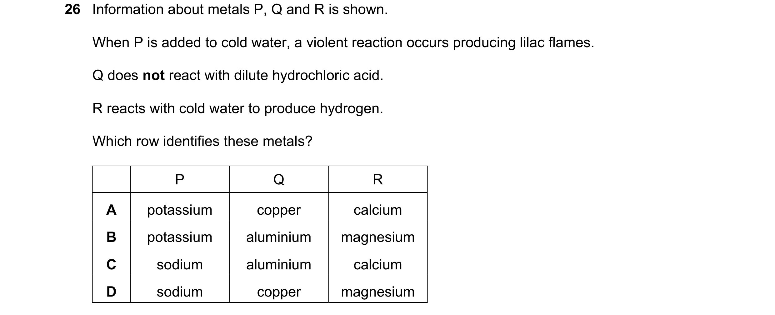 Question 63: Information about metals P, Q and R is shown. When P is added to cold water, a violent reaction occurs producing lilac flames. Q does not r…