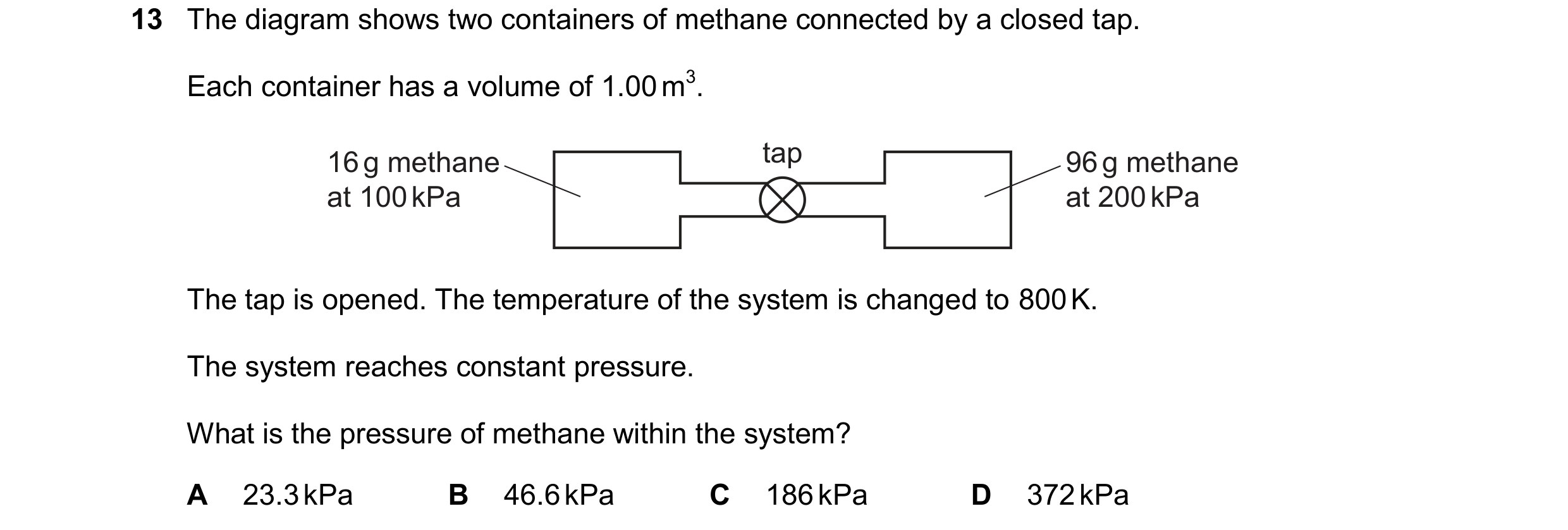 Question 121: The diagram shows two containers of methane connected by a closed tap. Each container has a volume of 1.00m3. tap 16g methane at 100kPa 96g…