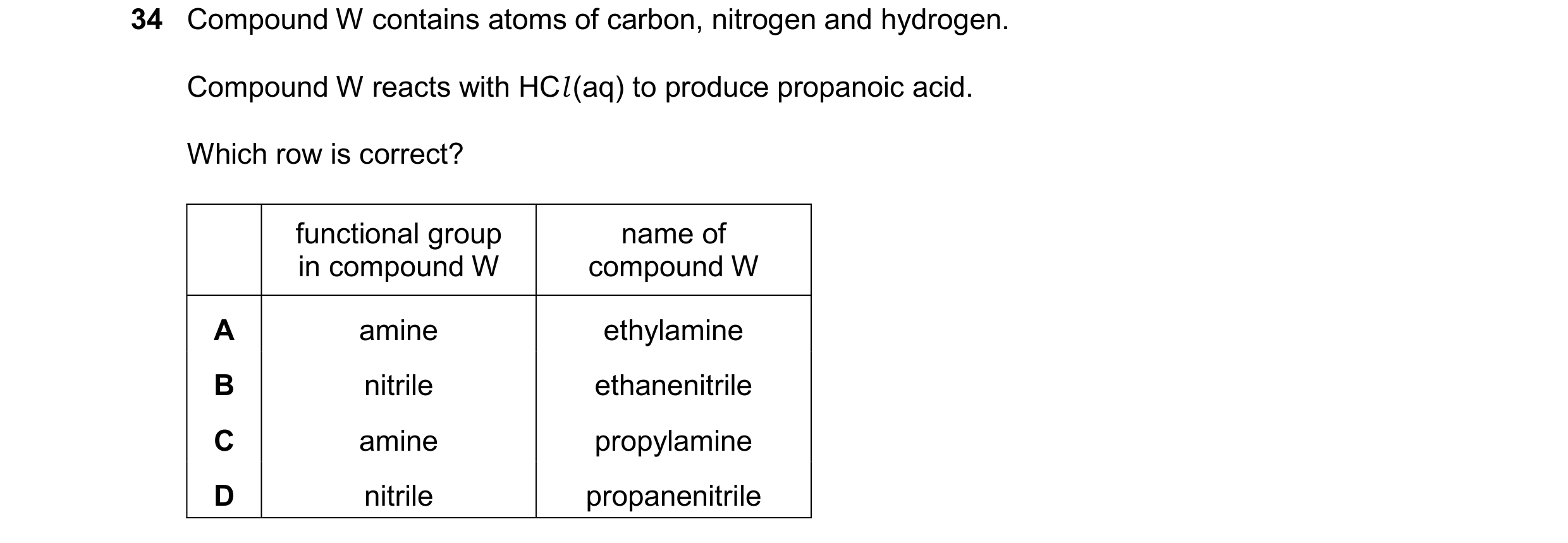 Question 124: Compound W contains atoms of carbon, nitrogen and hydrogen. Compound W reacts with HCl(aq) to produce propanoic acid. Which row is correct?…