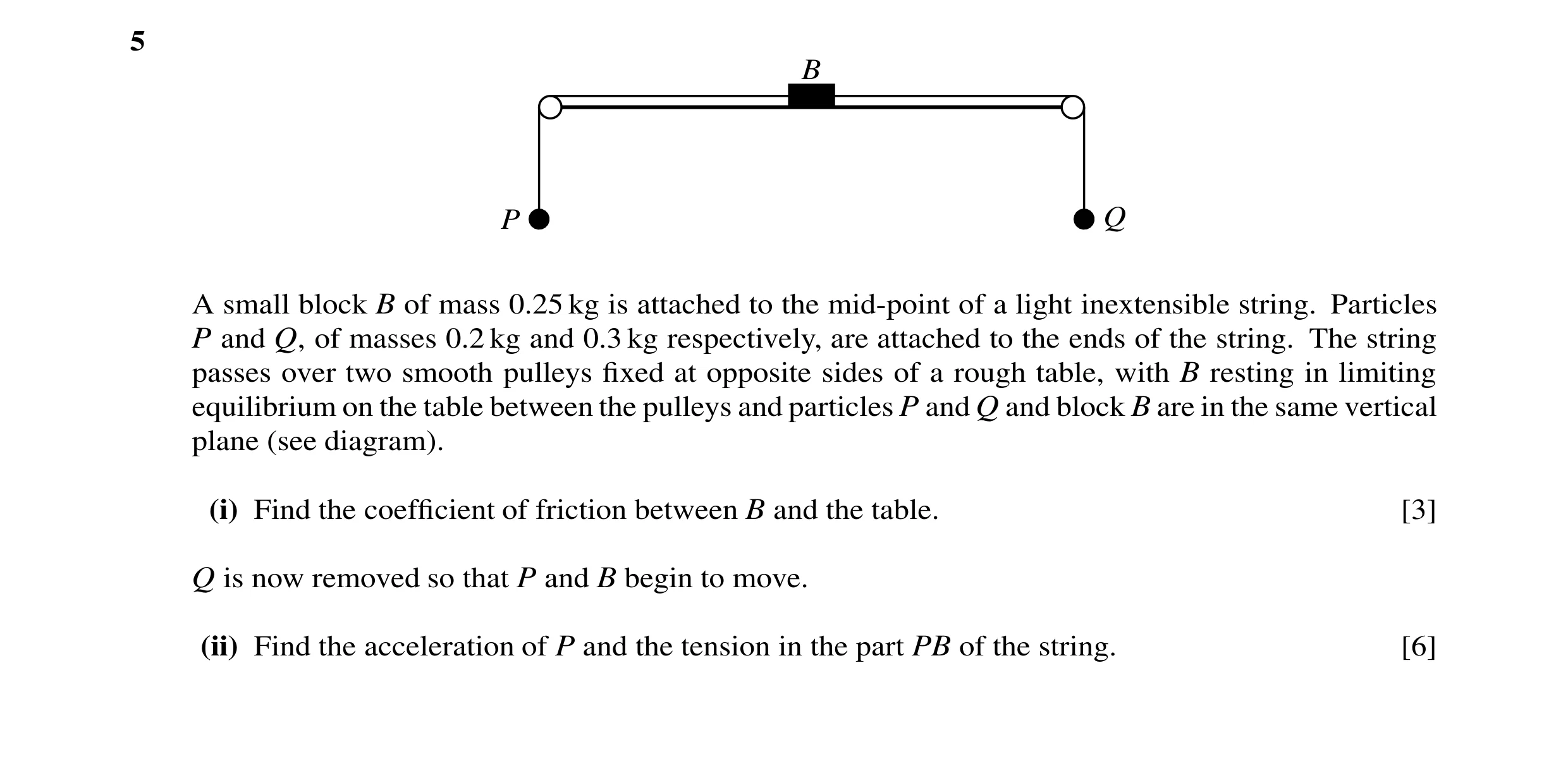 Question 68: B P Q A small block B of mass 0.25 kg is attached to the mid-point of a light inextensible string. Particles P and Q, of masses 0.2 kg and …