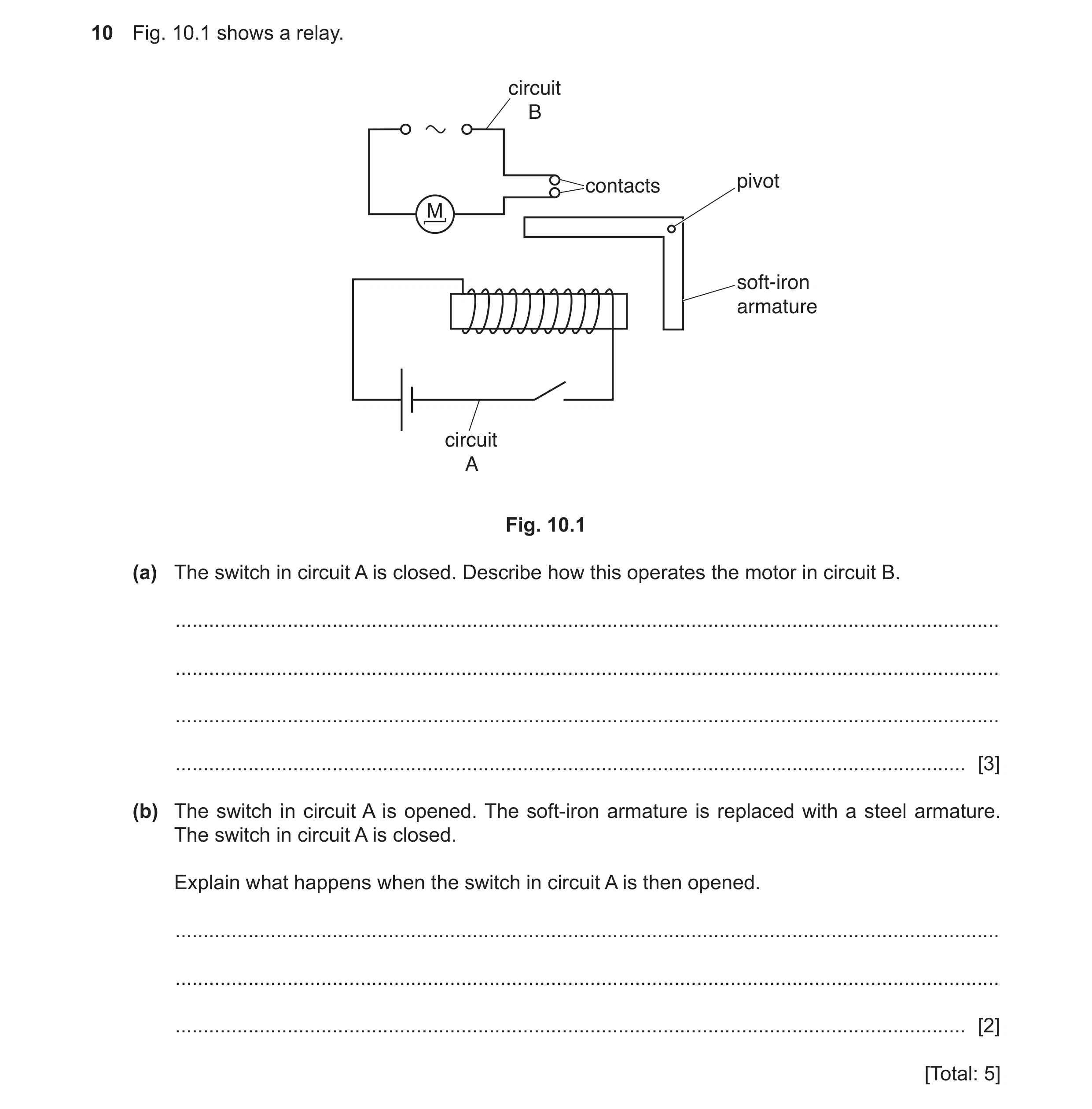 Question 25: Fig. 10.1 shows a relay. circuit B contacts pivot M soft-iron armature circuit A Fig. 10.1 (a) The switch in circuit A is closed. Describe …