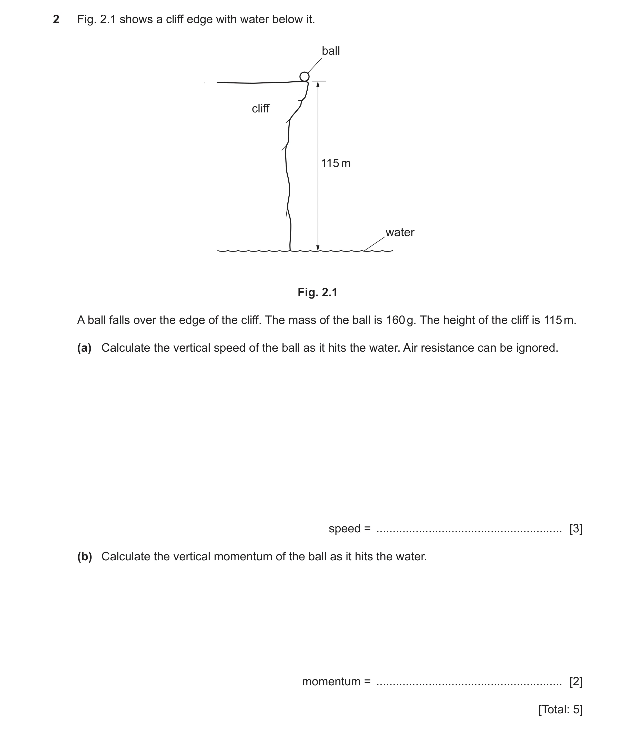 Question 15: Fig. 2.1 shows a cliff edge with water below it. ball cliff 115 m water Fig. 2.1 A ball falls over the edge of the cliff. The mass of the b…