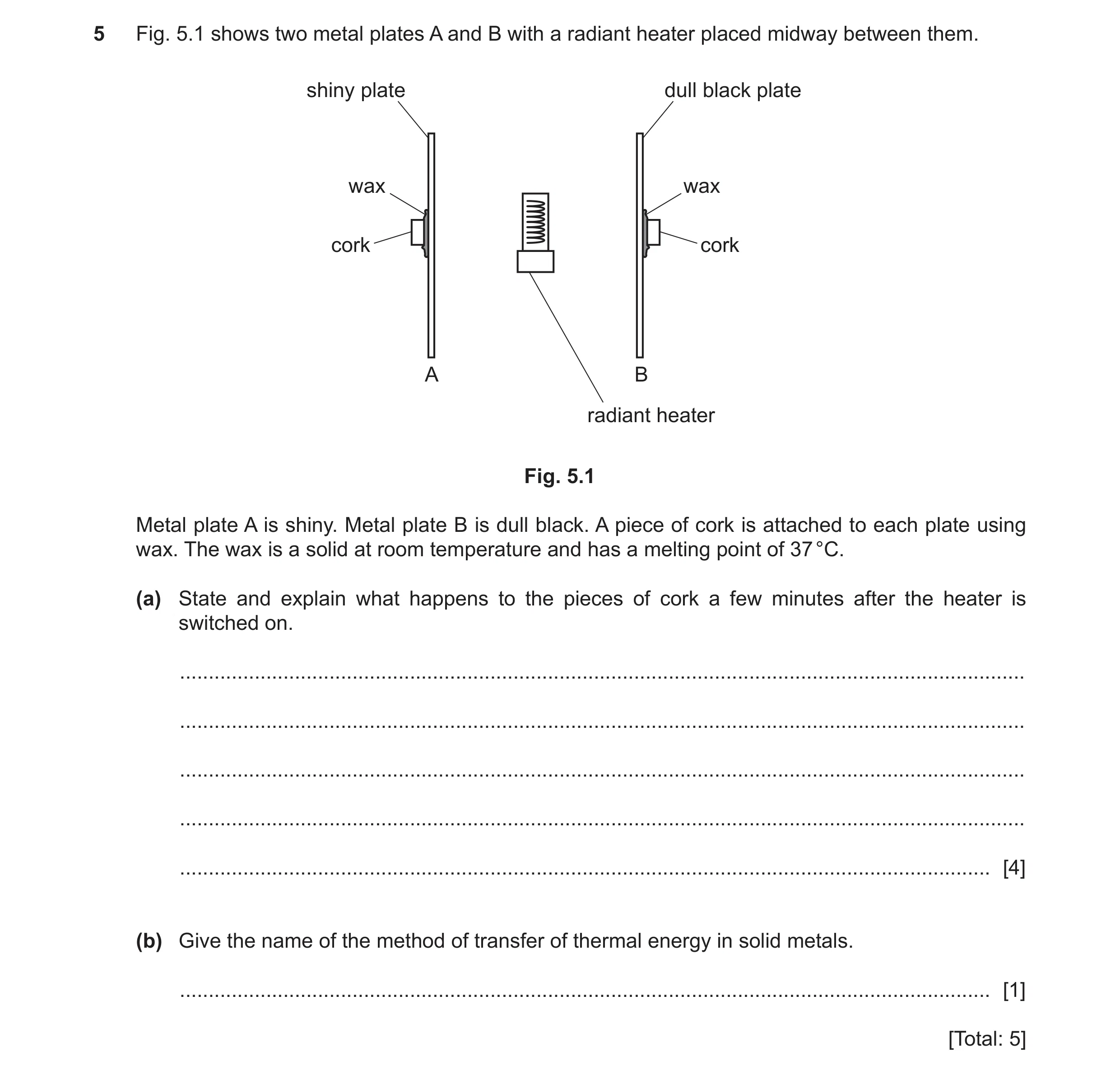 Question 14: Fig. 5.1 shows two metal plates A and B with a radiant heater placed midway between them. shiny plate dull black plate wax wax cork cork A …