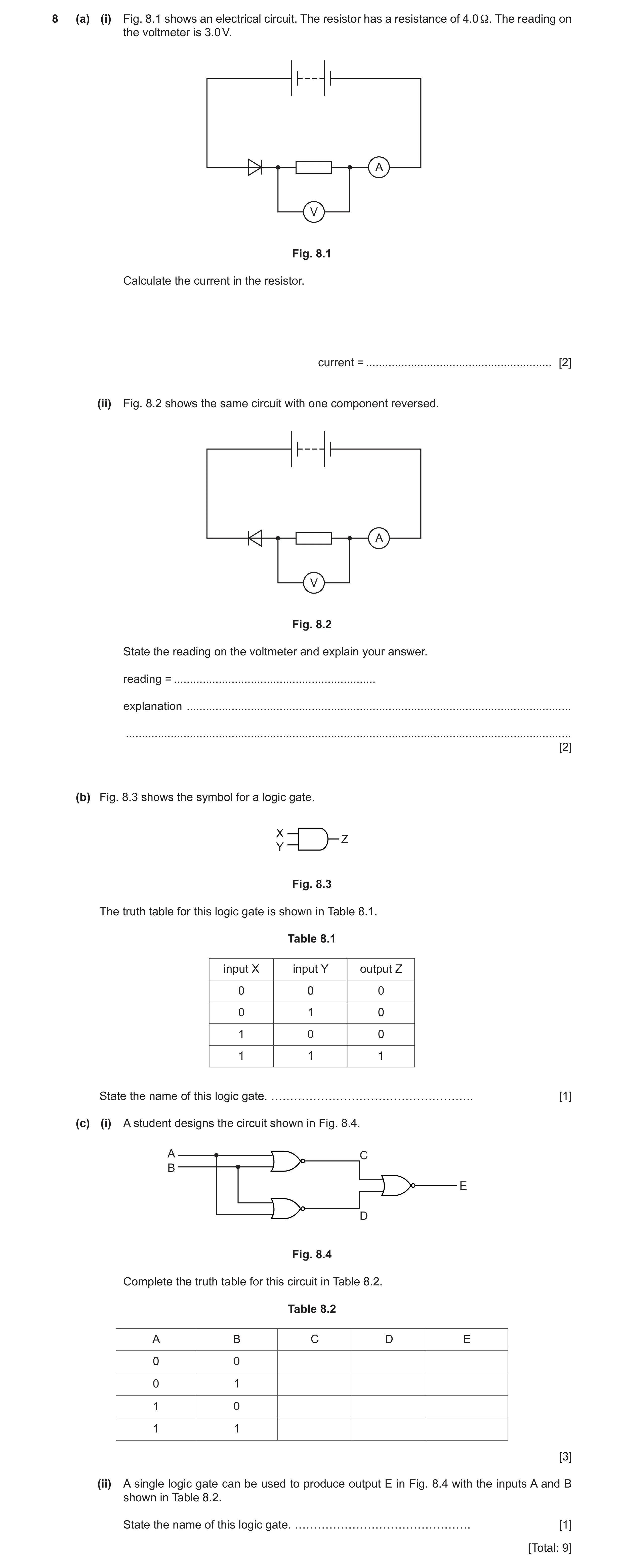 Question 27: (a) (i) Fig. 8.1 shows an electrical circuit. The resistor has a resistance of 4.0 Ω. The reading on the voltmeter is 3.0 V. A V Fig. 8.1 C…