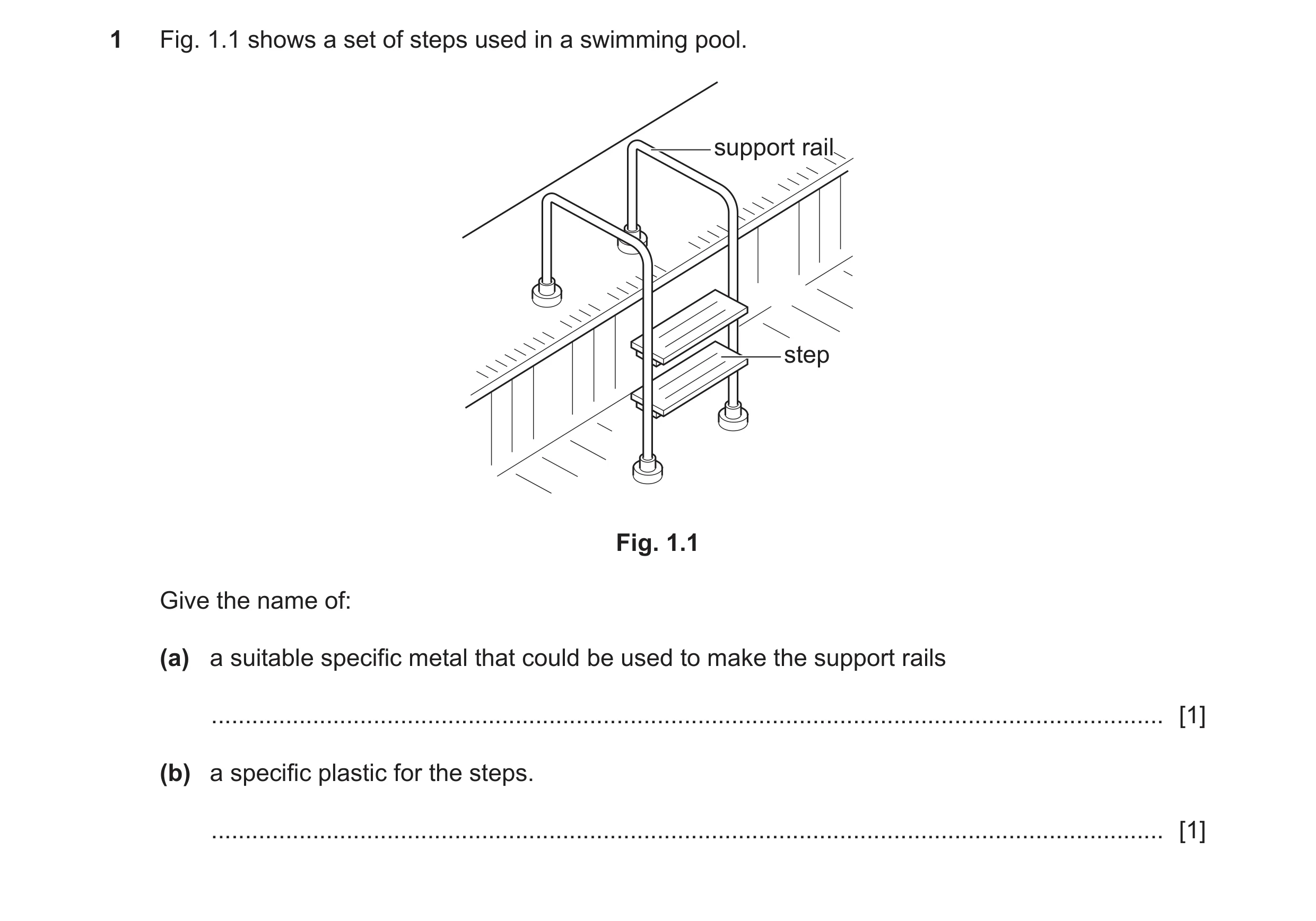Question 297: Fig. 1.1 shows a set of steps used in a swimming pool. support rail step Fig. 1.1 Give the name of: (a) a suitable specific metal that coul…
