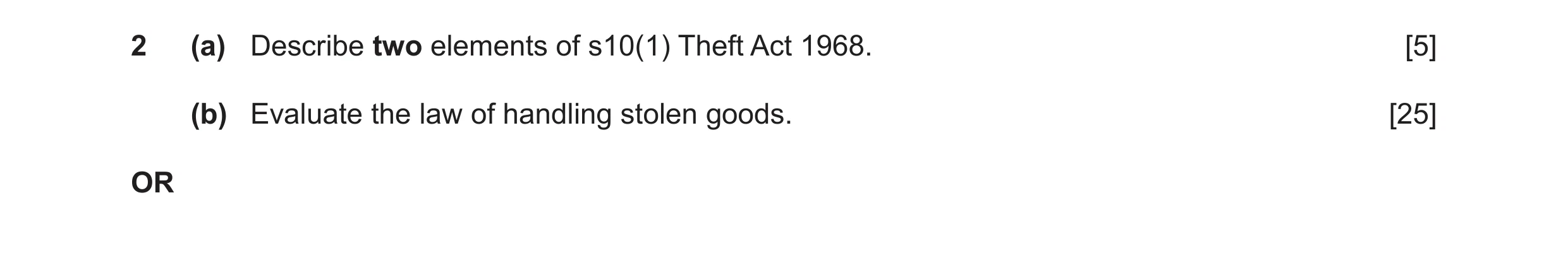 Question 22: (a) Describe two elements of s10(1) Theft Act 1968. [5] (b) Evaluate the law of handling stolen goods. [25] OR