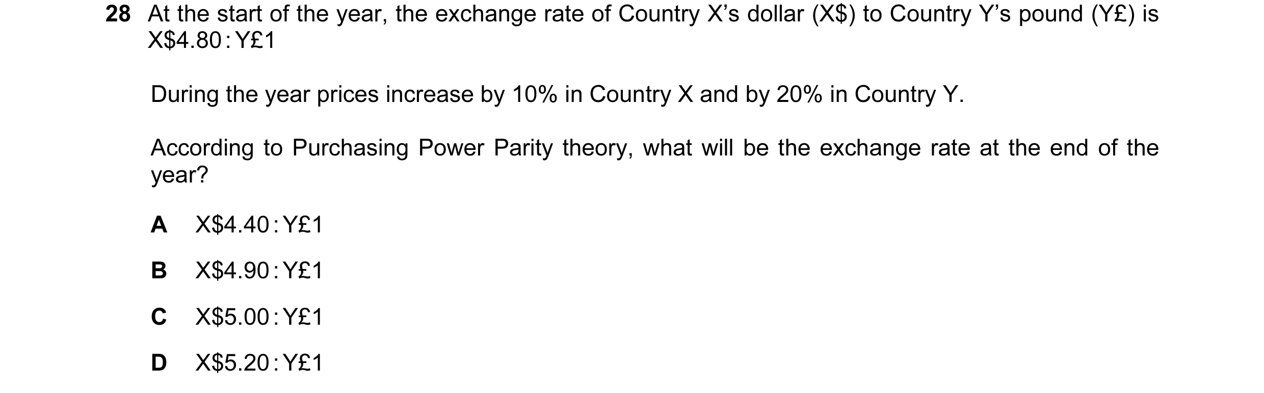 Question 96: At the start of the year, the exchange rate of Country X’s dollar (X$) to Country Y’s pound (Y£) is X$4.80 : Y£1 During the year prices inc…