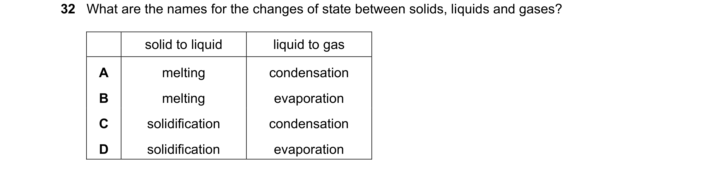 Question 66: What are the names for the changes of state between solids, liquids and gases? solid to liquid liquid to gas A melting condensation B melti…