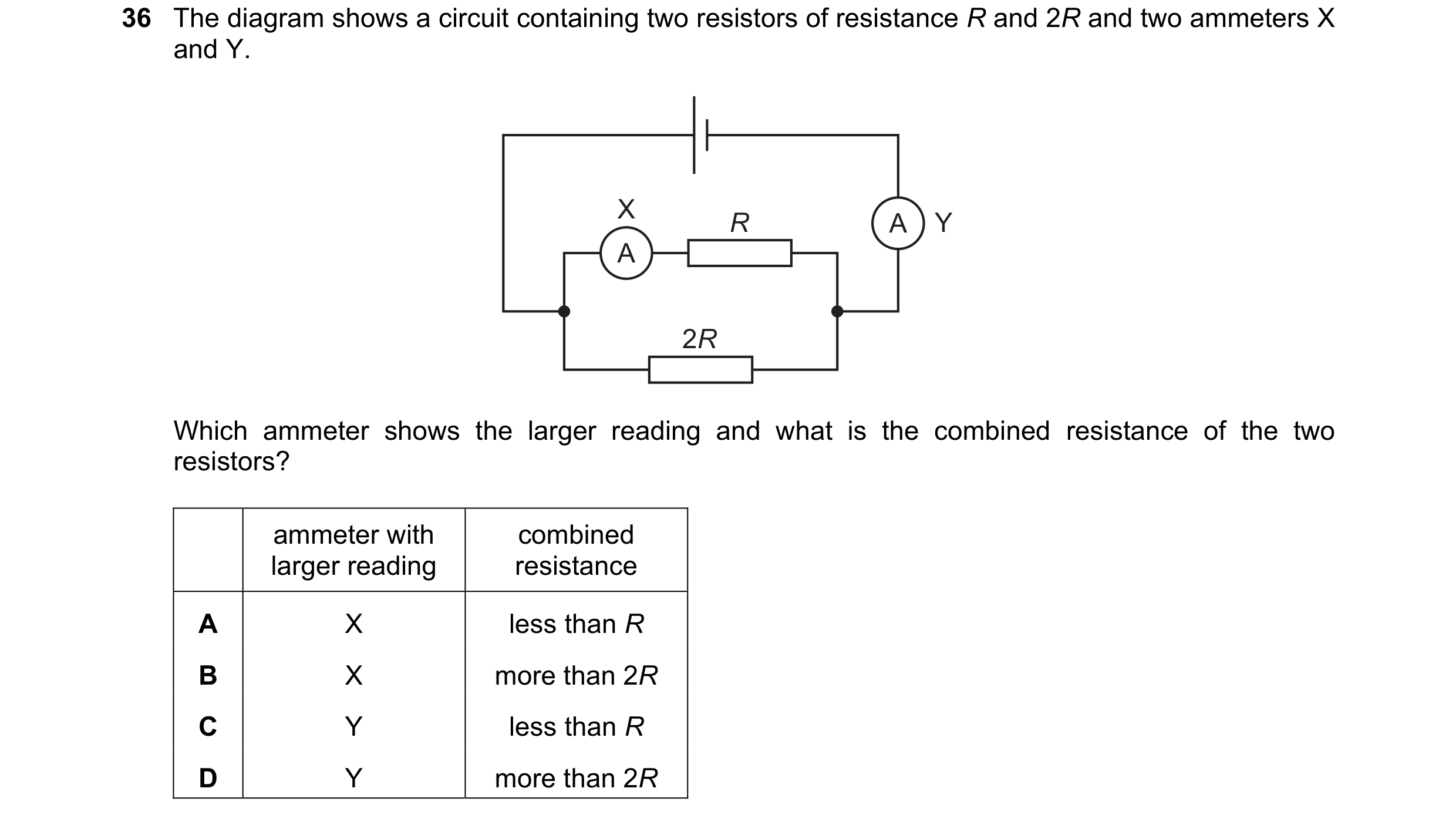 Question 123: The diagram shows a circuit containing two resistors of resistance R and 2R and two ammeters X and Y. X R A Y A 2R Which ammeter shows the …