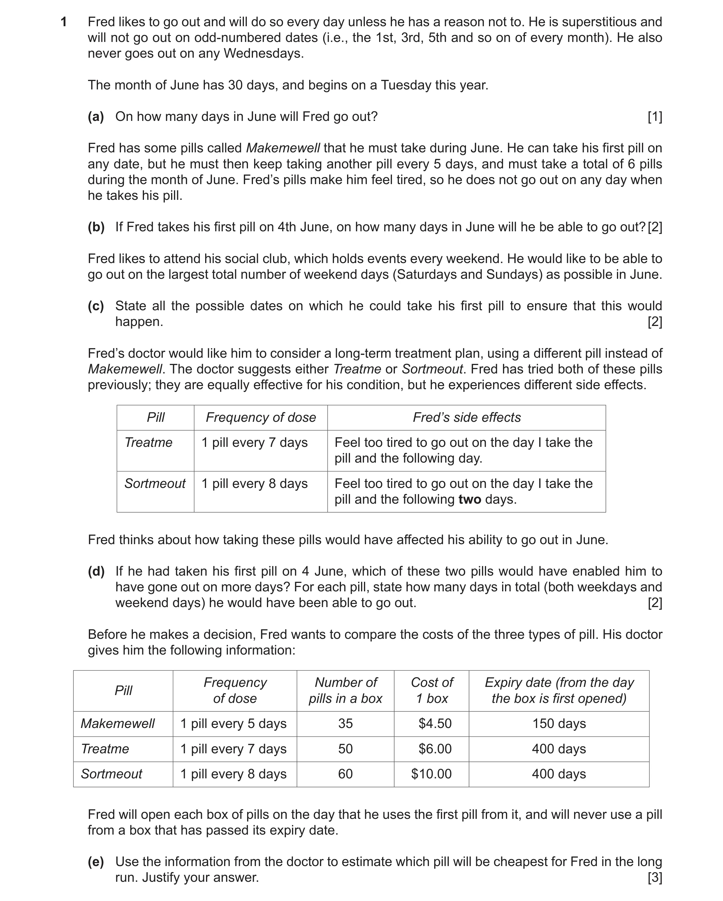 Question 25: Fred likes to go out and will do so every day unless he has a reason not to. He is superstitious and will not go out on odd-numbered dates …