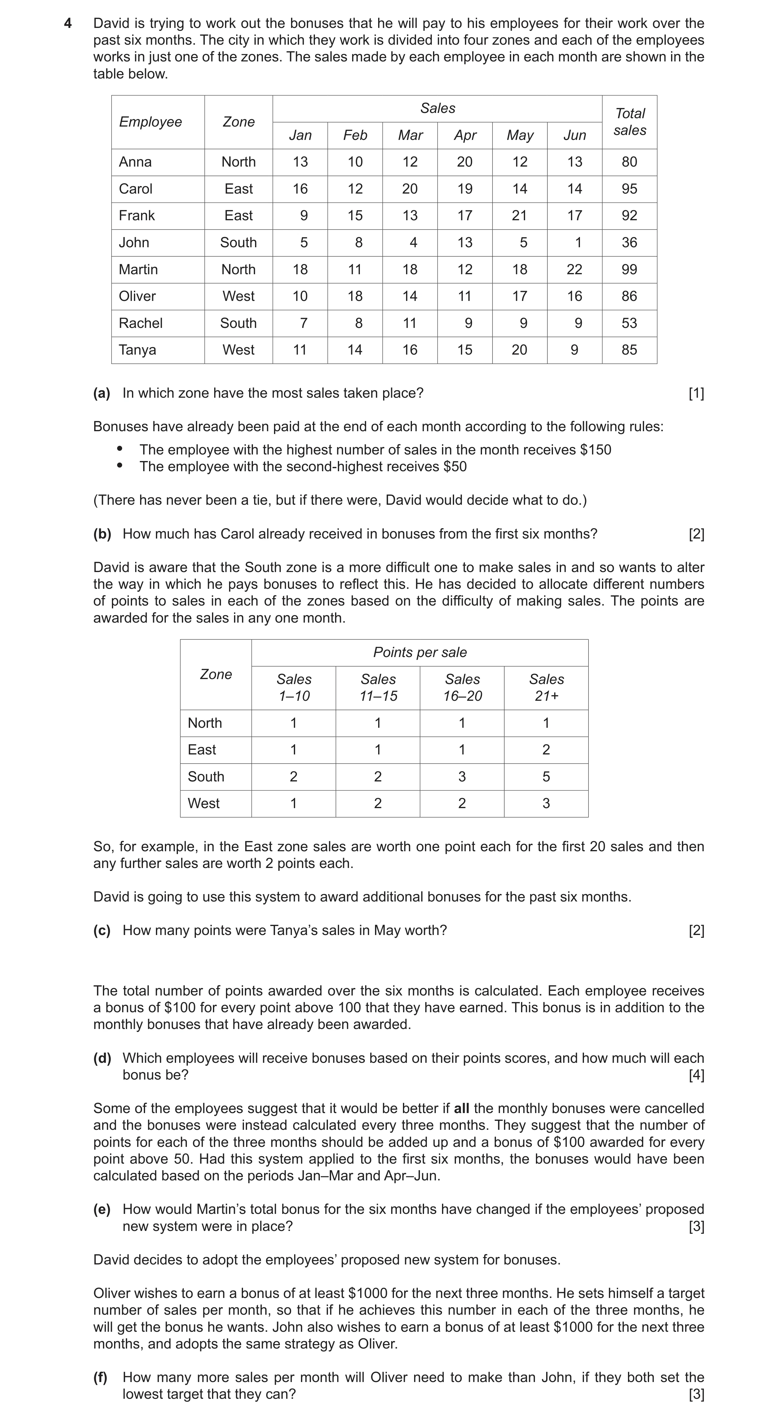 Question 18: David is trying to work out the bonuses that he will pay to his employees for their work over the past six months. The city in which they w…