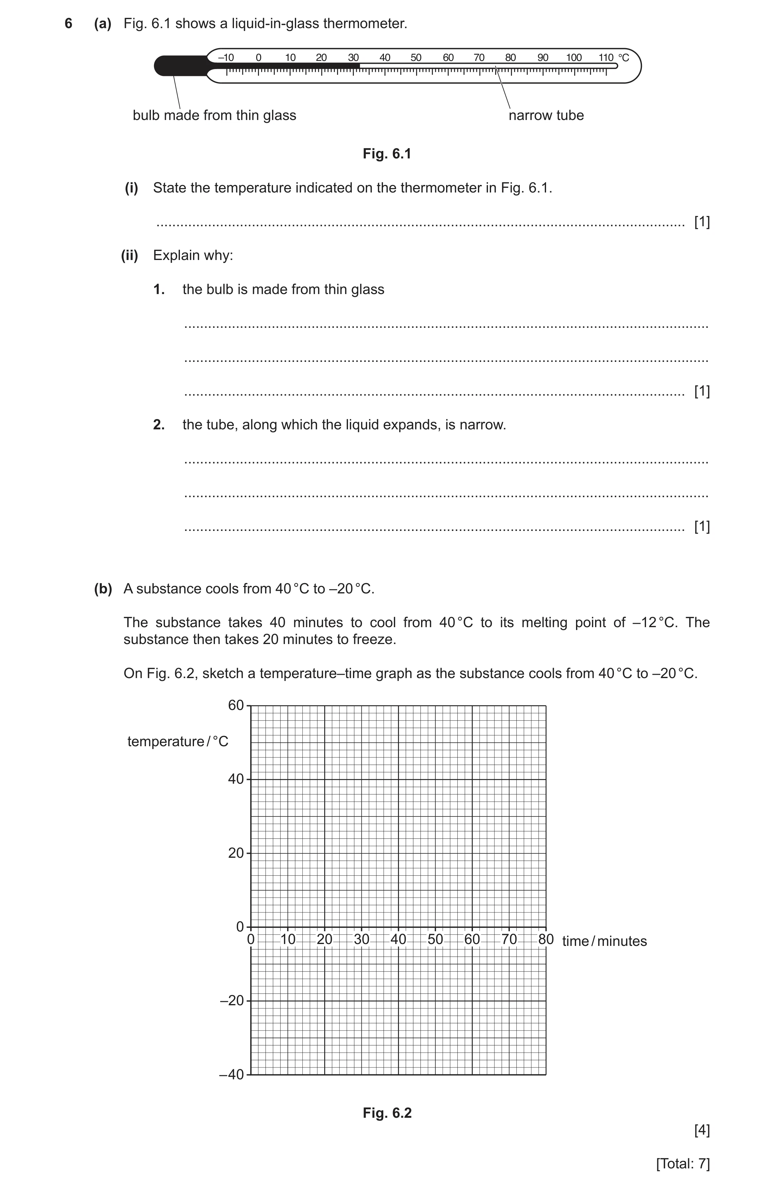 Question 15: (a) Fig. 6.1 shows a liquid-in-glass thermometer. –10 0 10 20 30 40 50 60 70 80 90 100 110 °C bulb made from thin glass narrow tube Fig. 6.…