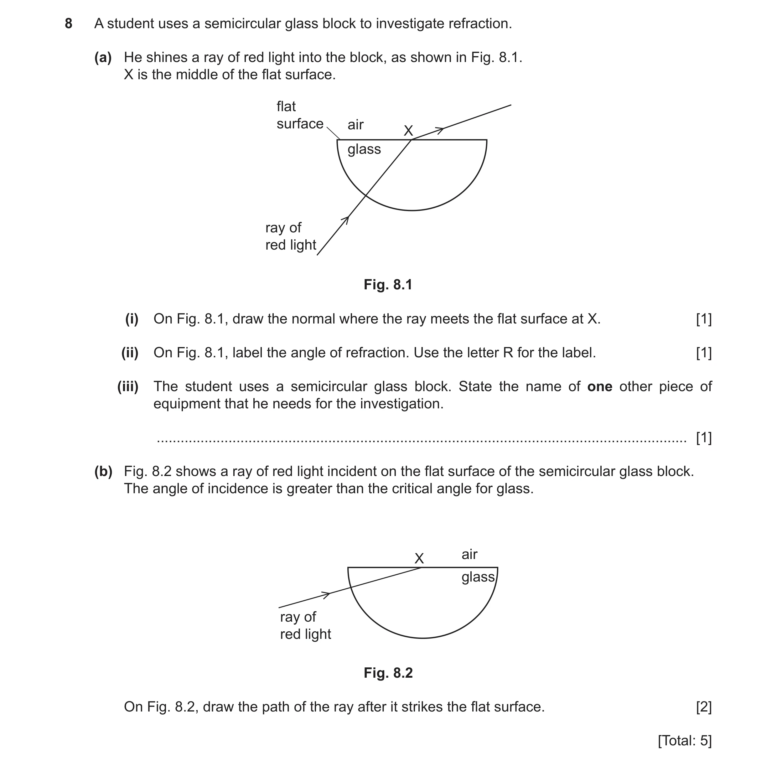Question 27: A student uses a semicircular glass block to investigate refraction. (a) He shines a ray of red light into the block, as shown in Fig. 8.1.…
