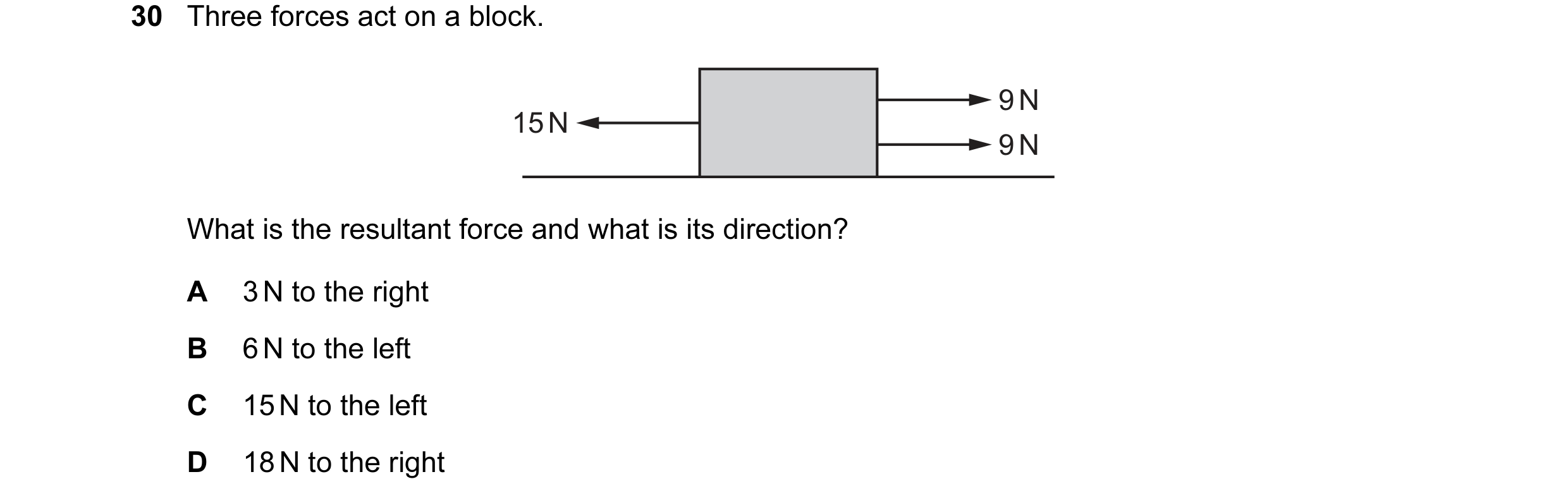 Question 23: Three forces act on a block. 9 N 15 N 9 N What is the resultant force and what is its direction? A 3 N to the right B 6 N to the left C 15 …