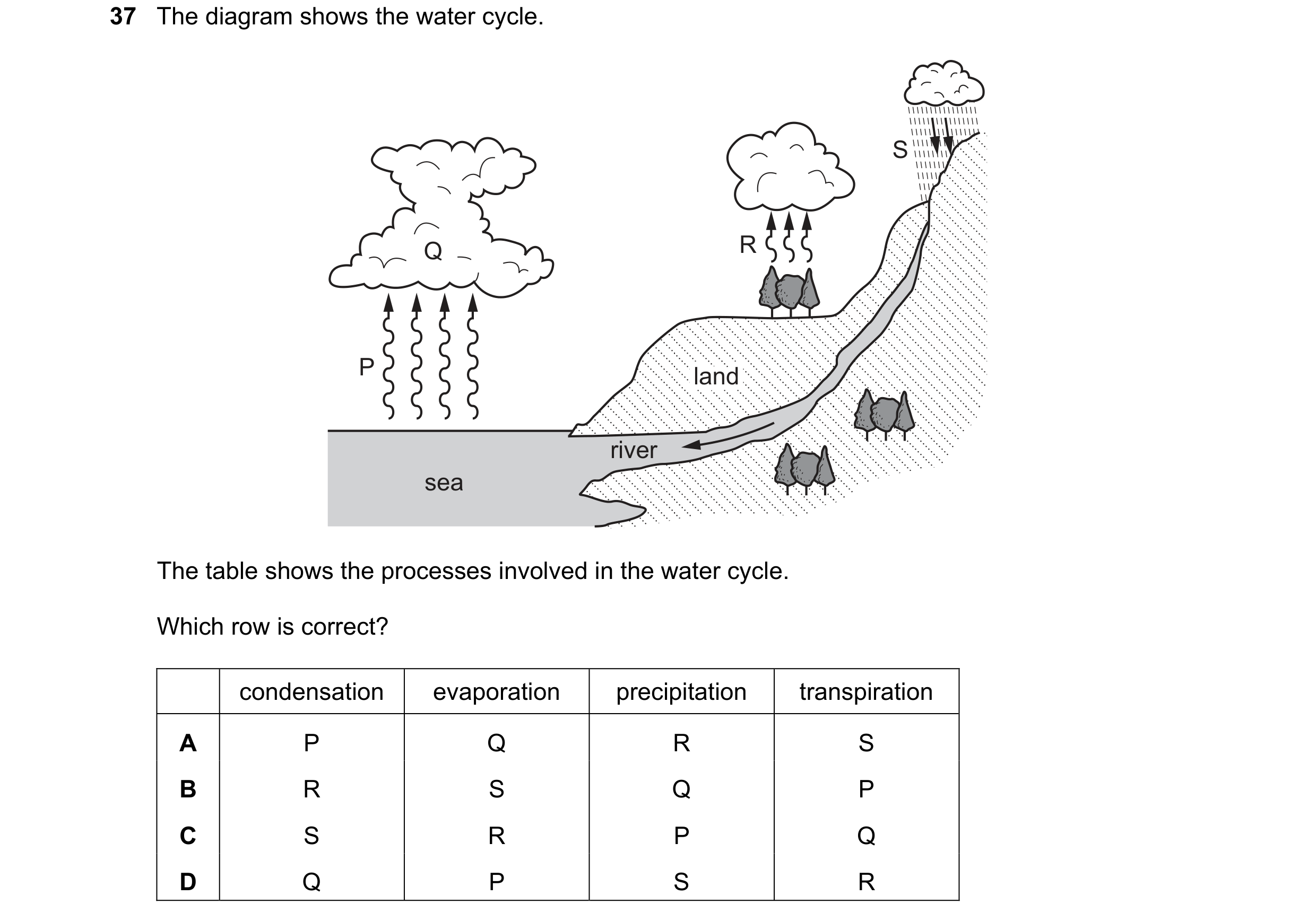 Question 5: The diagram shows the water cycle. S Q R P land land land river sea The table shows the processes involved in the water cycle. Which row is…