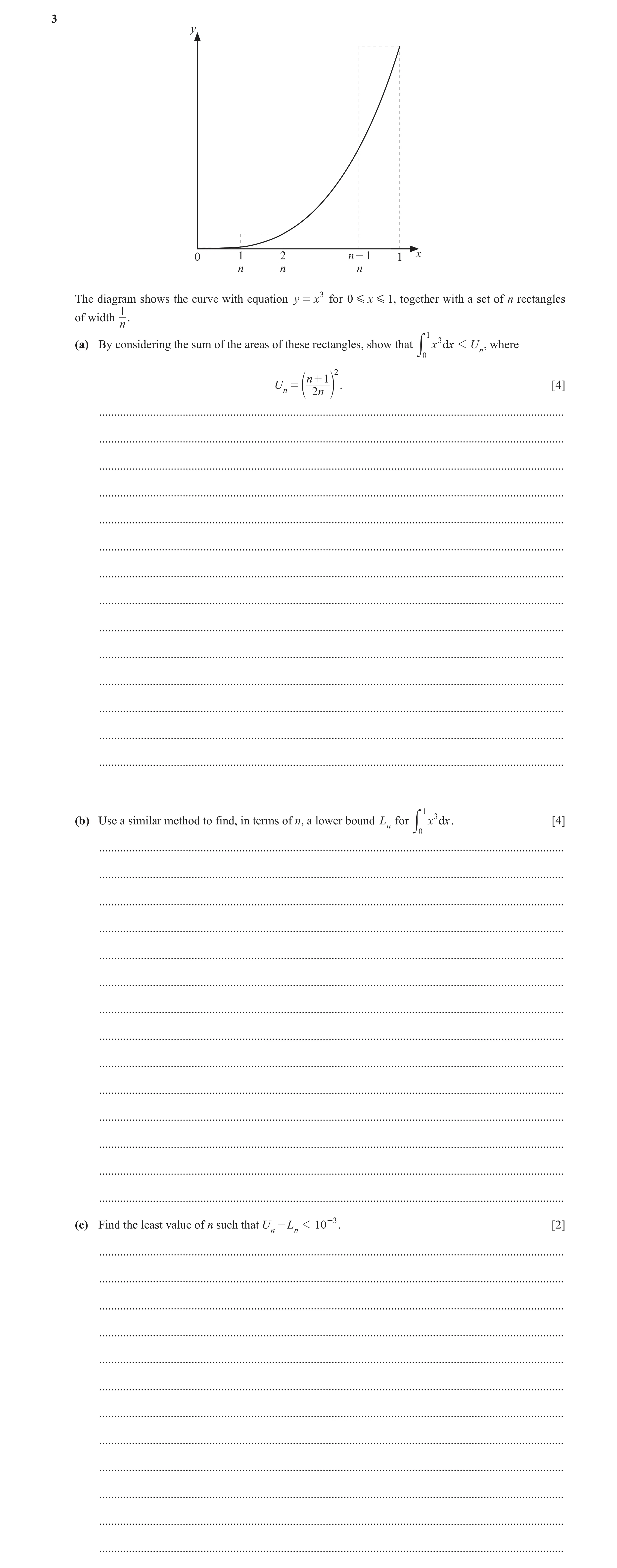 Question 21: y 0 1 2 n - 1 1 x n n n The diagram shows the curve with equation y = x3 for 0 G x G 1, together with a set of n rectangles of width 1. n 1…