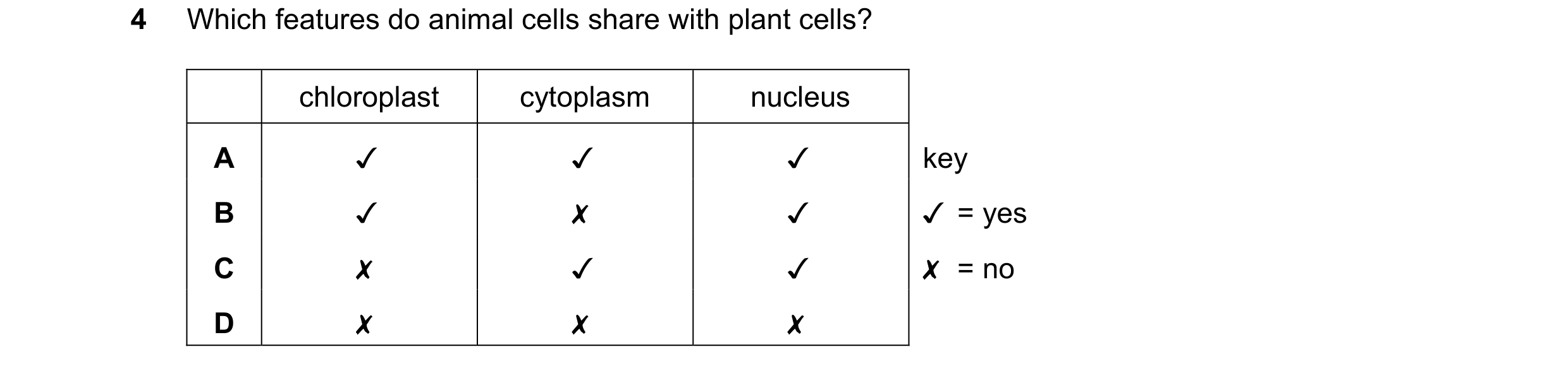 Question 6: Which features do animal cells share with plant cells?
chloroplast cytoplasm nucleus
A Jv J J key
B Jv x J J/ =yes
Cc x v v X =no
D x x x