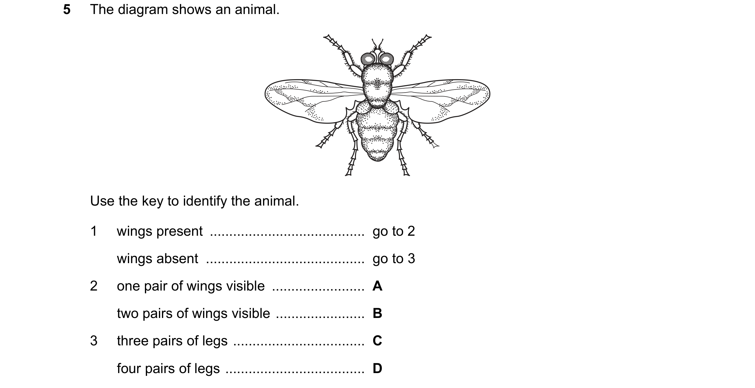 Question 7: The diagram shows an animal. Use the key to identify the animal. 1 wings present  ........................................  go to 2 wings a…