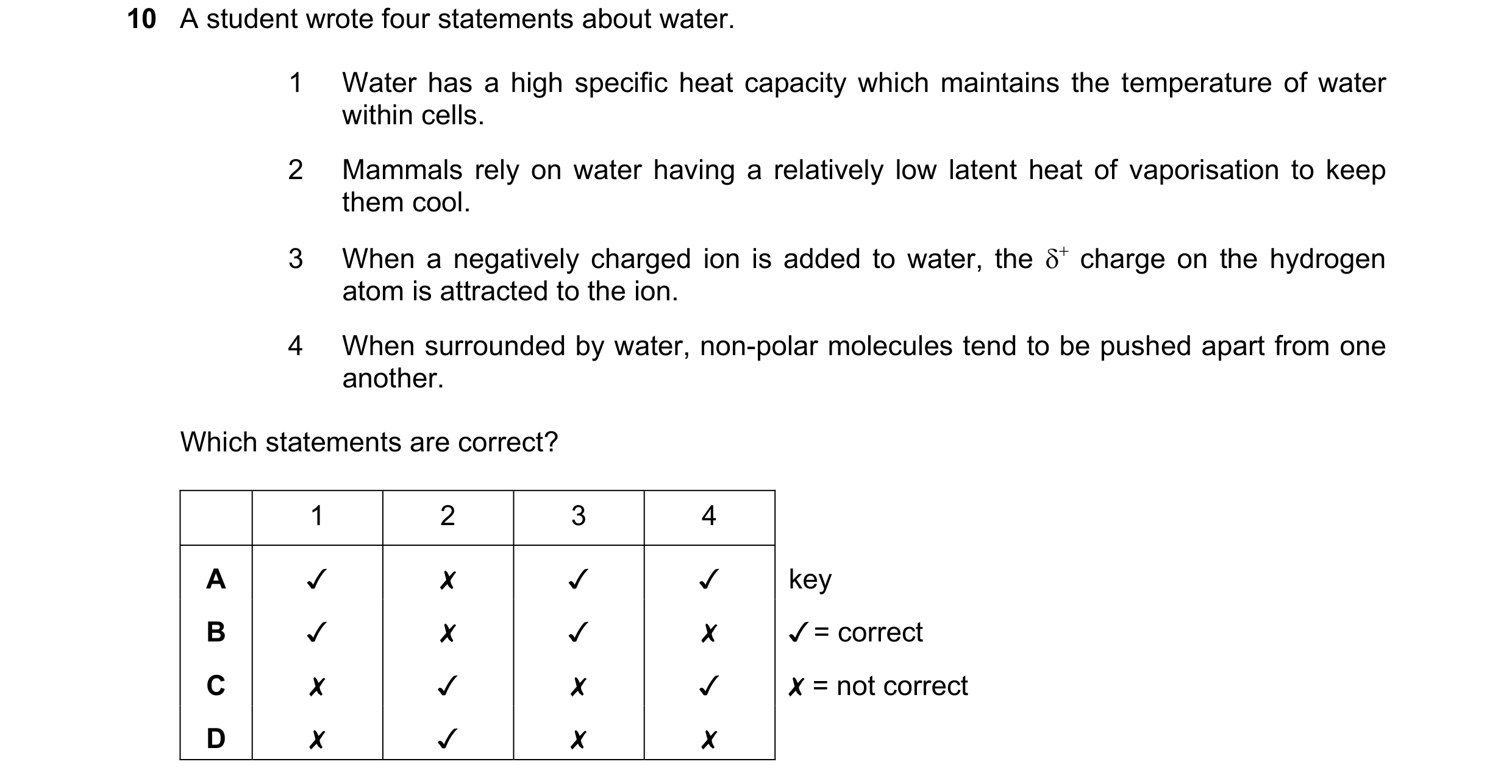 Question 43: A student wrote four statements about water.
1
Water has a high specific heat capacity which maintains the temperature of water
within ce…