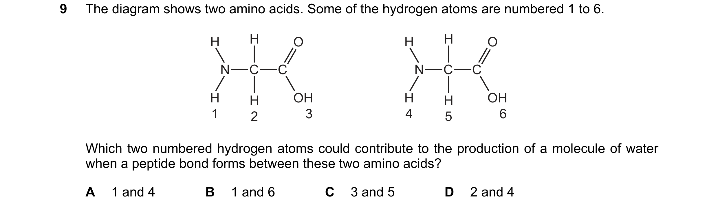 Question 203: The diagram shows two amino acids. Some of the hydrogen atoms are numbered 1 to 6. H H O H H O N C C N C C H H OH H H OH 1 2 3 4 5 6 Which …