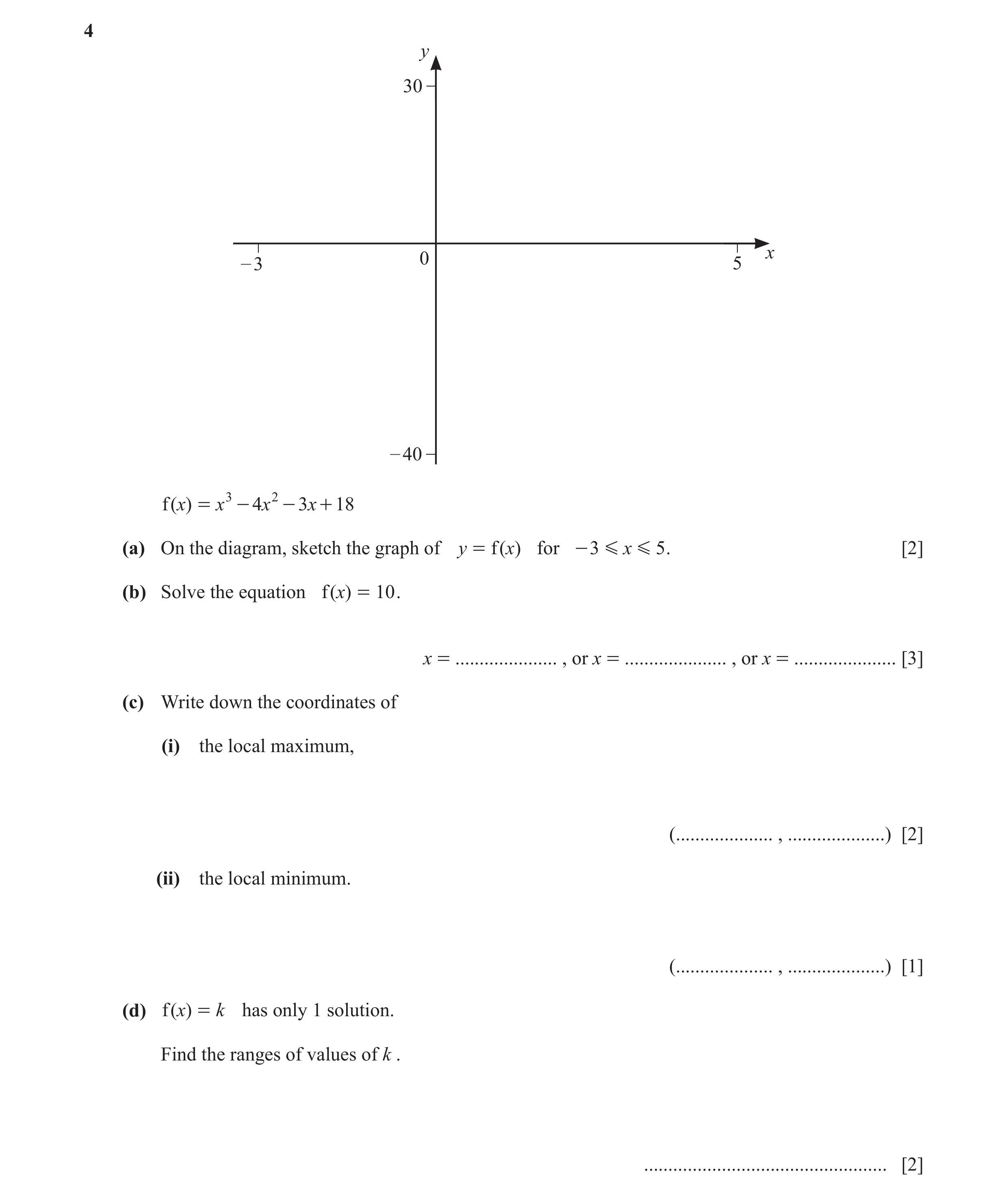 Question 27: y 30 x – 3 0 5 – 40 f ( )x = x 3 - 4x 2 - 3x + 18 (a) On the diagram, sketch the graph of y = f ( x) for - 3 G x G 5 . [2] (b) Solve the eq…