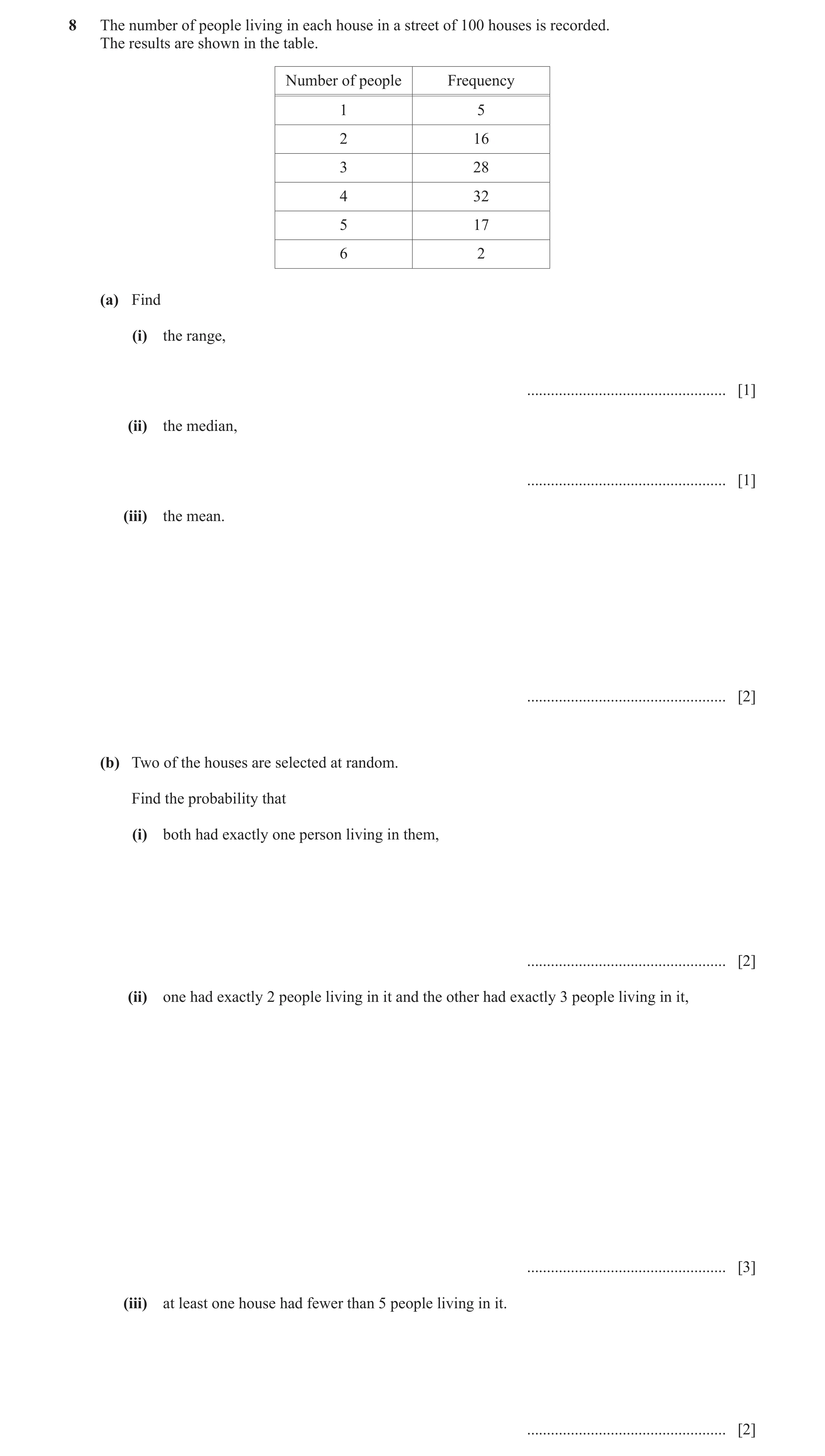 Question 21: The number of people living in each house in a street of 100 houses is recorded. The results are shown in the table. Number of people Frequ…
