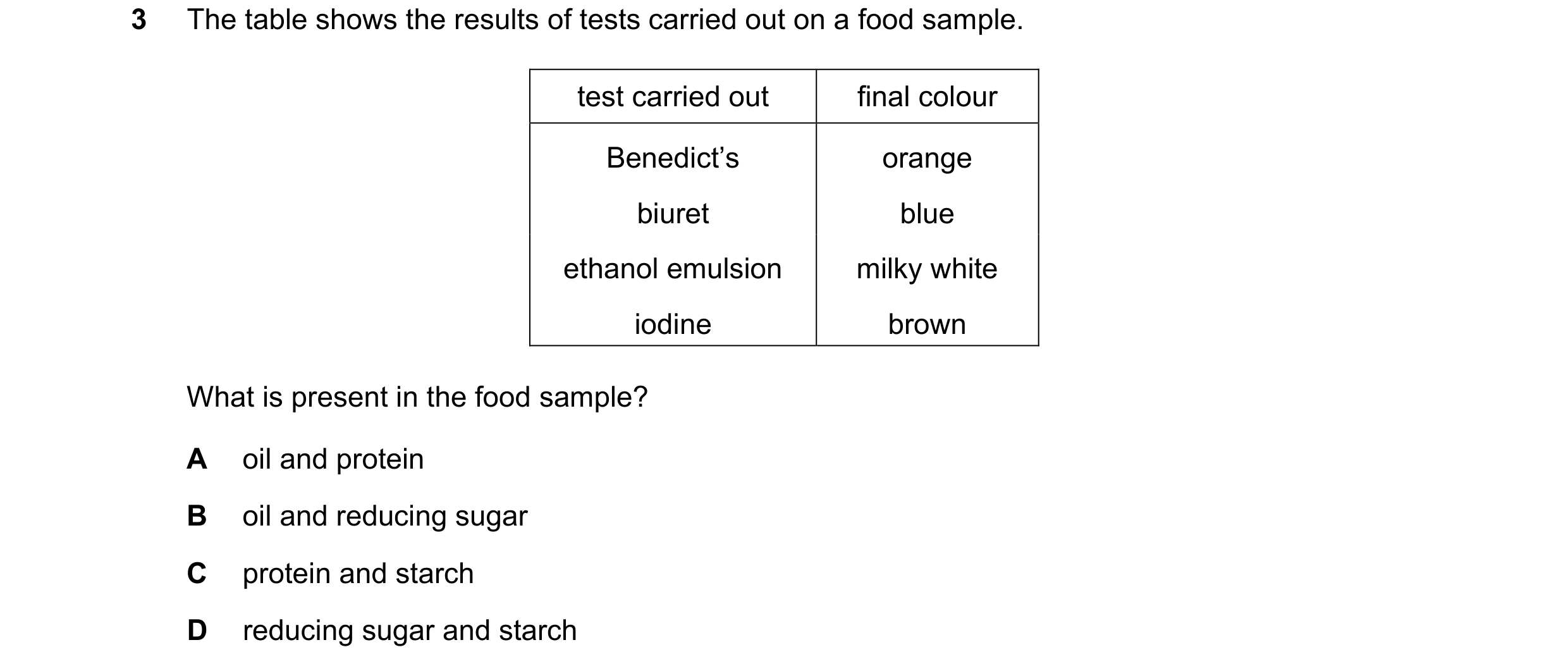 Question 58: The table shows the results of tests carried out on a food sample. test carried out final colour Benedict’s orange biuret blue ethanol emul…