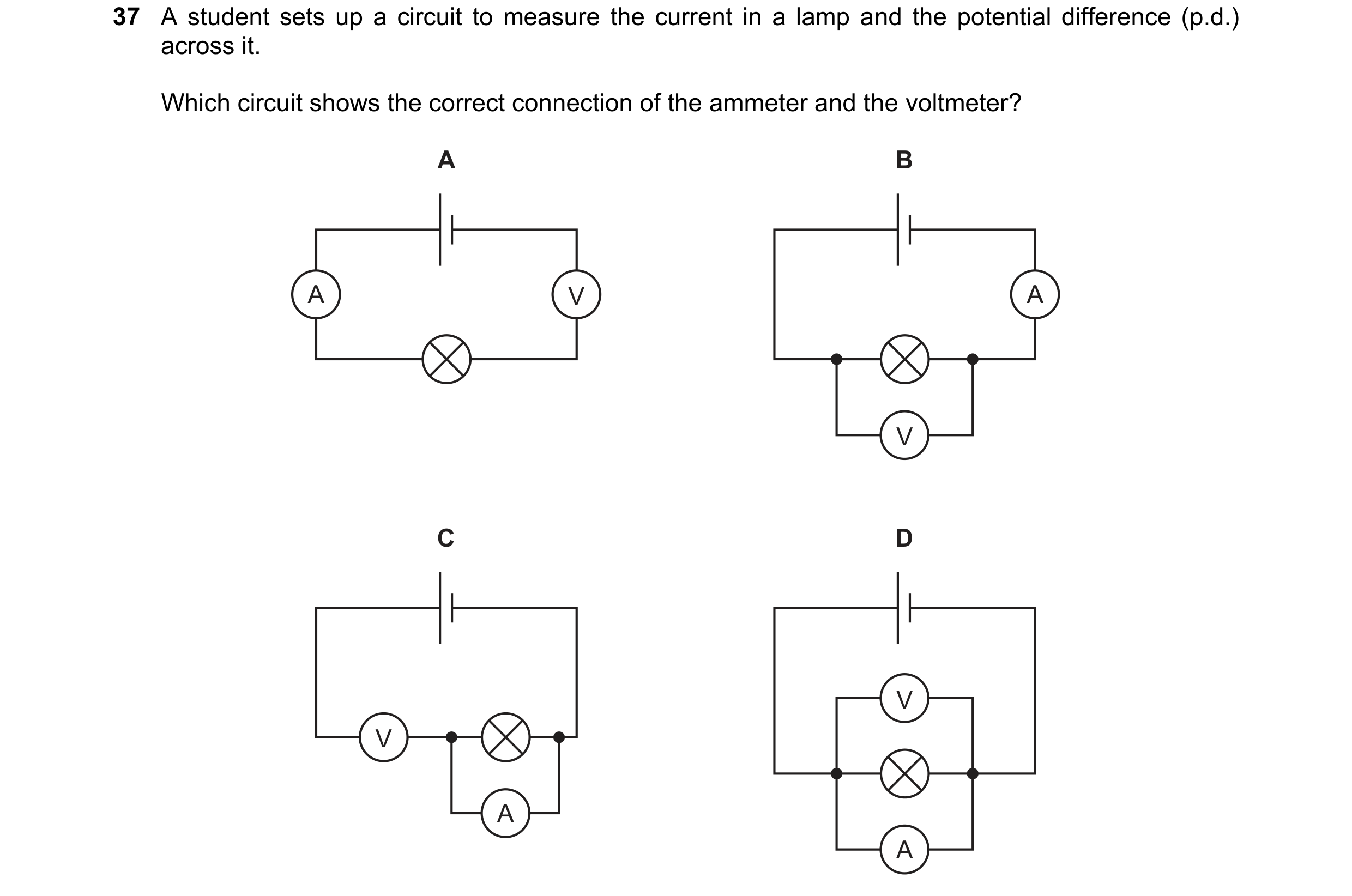Question 152: A student sets up a circuit to measure the current in a lamp and the potential difference (p.d.) across it. Which circuit shows the correct…