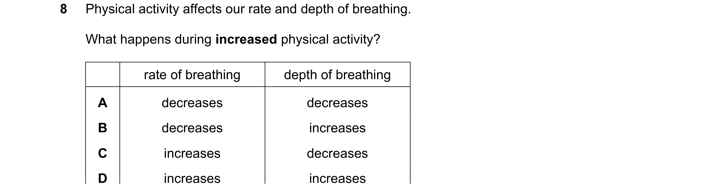 Question 63: Physical activity affects our rate and depth of breathing. What happens during increased physical activity? rate of breathing depth of brea…