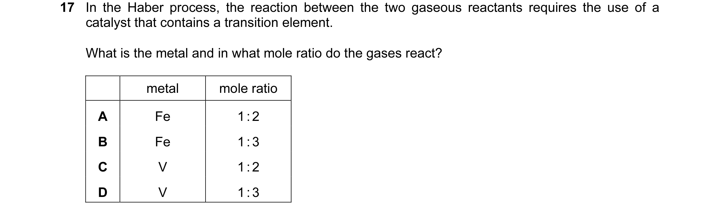 Question 72: In the Haber process, the reaction between the two gaseous reactants requires the use of a catalyst that contains a transition element. Wha…